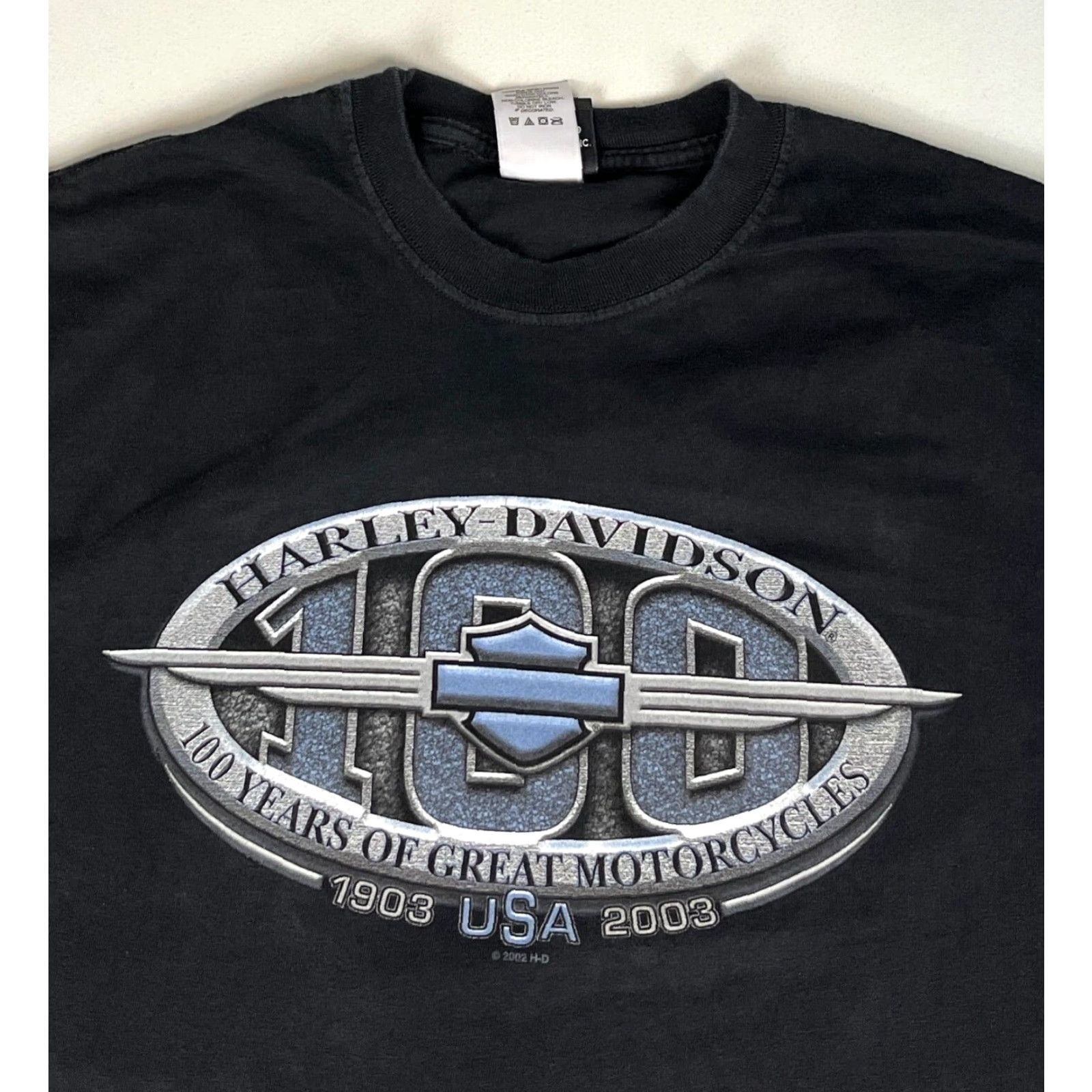 Harley Davidson VINTAGE Harley-Davidson T-Shirt XL Black 100 Years 1903-2003 R.K. Stratman Made in USA Mens Motorcycle Double-Sided Size US XL / EU 56 / 4 - 4 Thumbnail