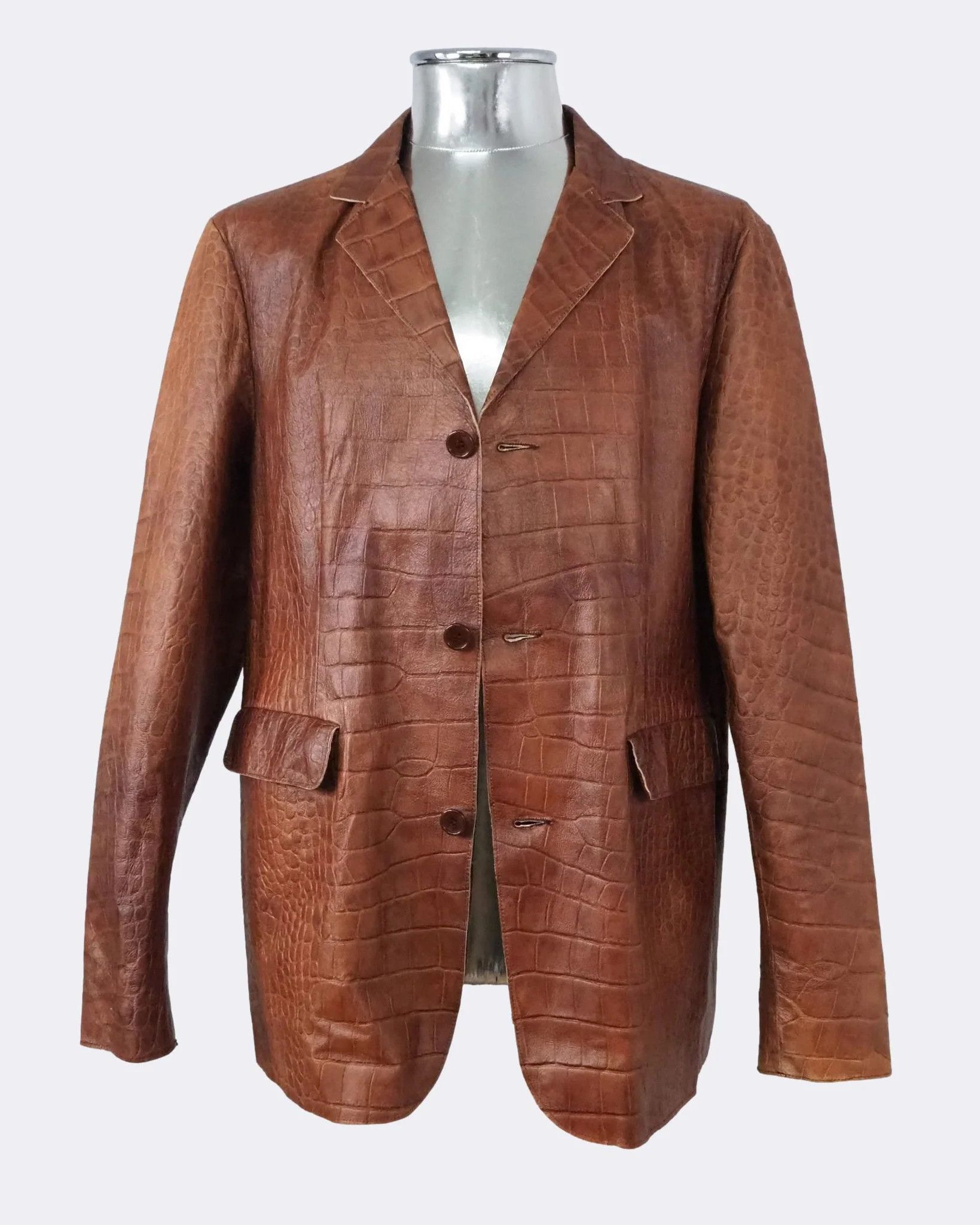image of Garrett Leight Garrett Crocodile Embossed Leather Blazer Jacket $1250 in Brown, Men's (Size Large)