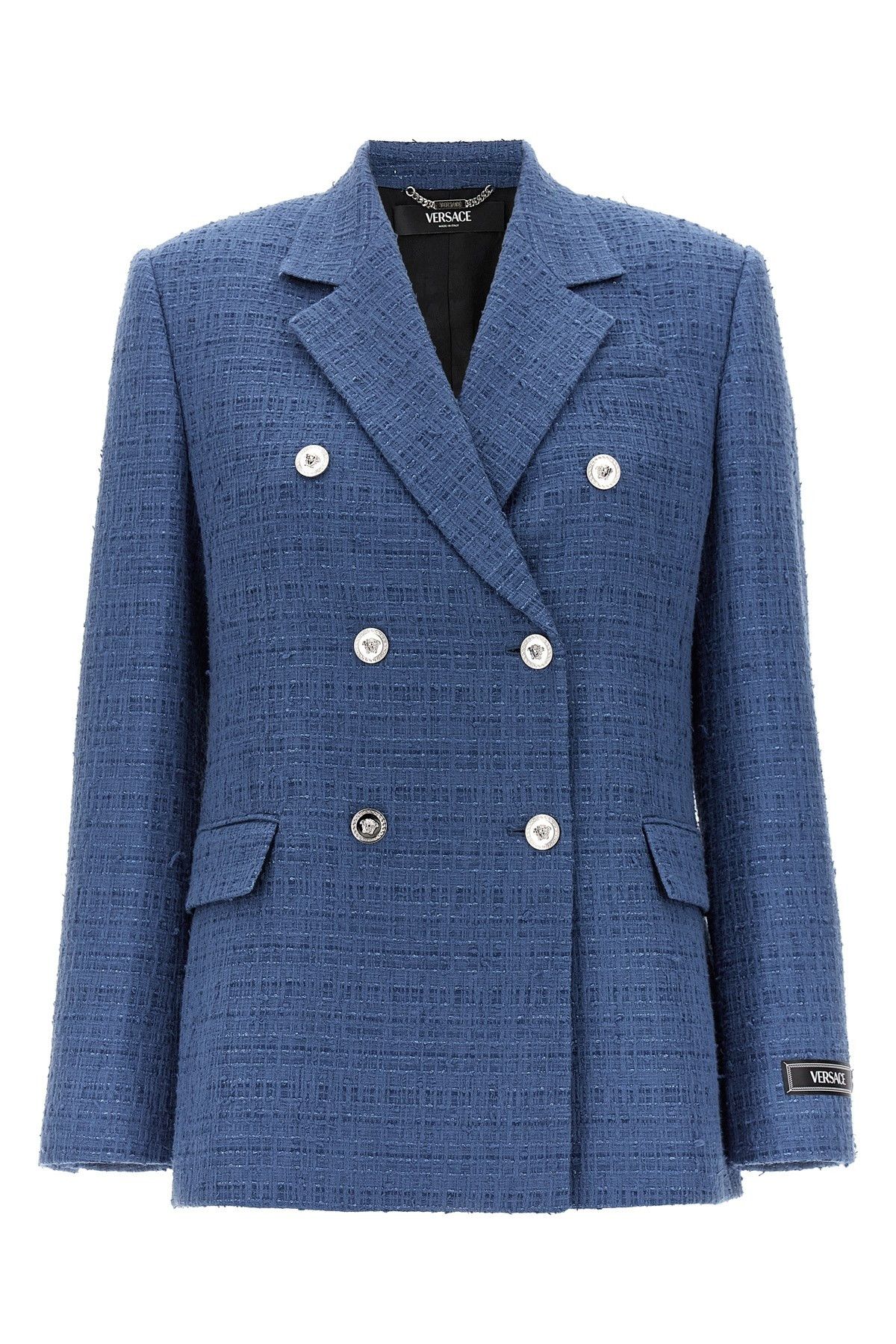 image of Versace Bouclè Tweed Blazer in Blue, Women's (Size Medium)