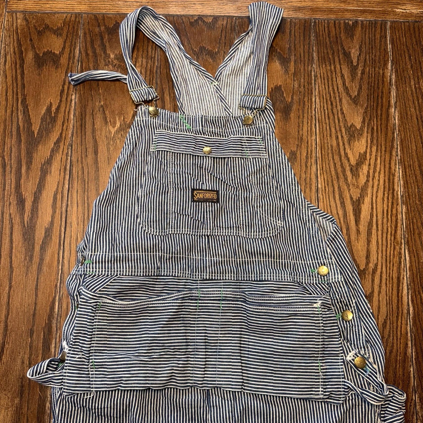 Lee VINTAGE Lee Overalls Union Made In USA Striped Button Fly 38x30 Denim Blue White Stripe 70s Farmers Work Mens Size US 38 / EU 54 - 2 Thumbnail