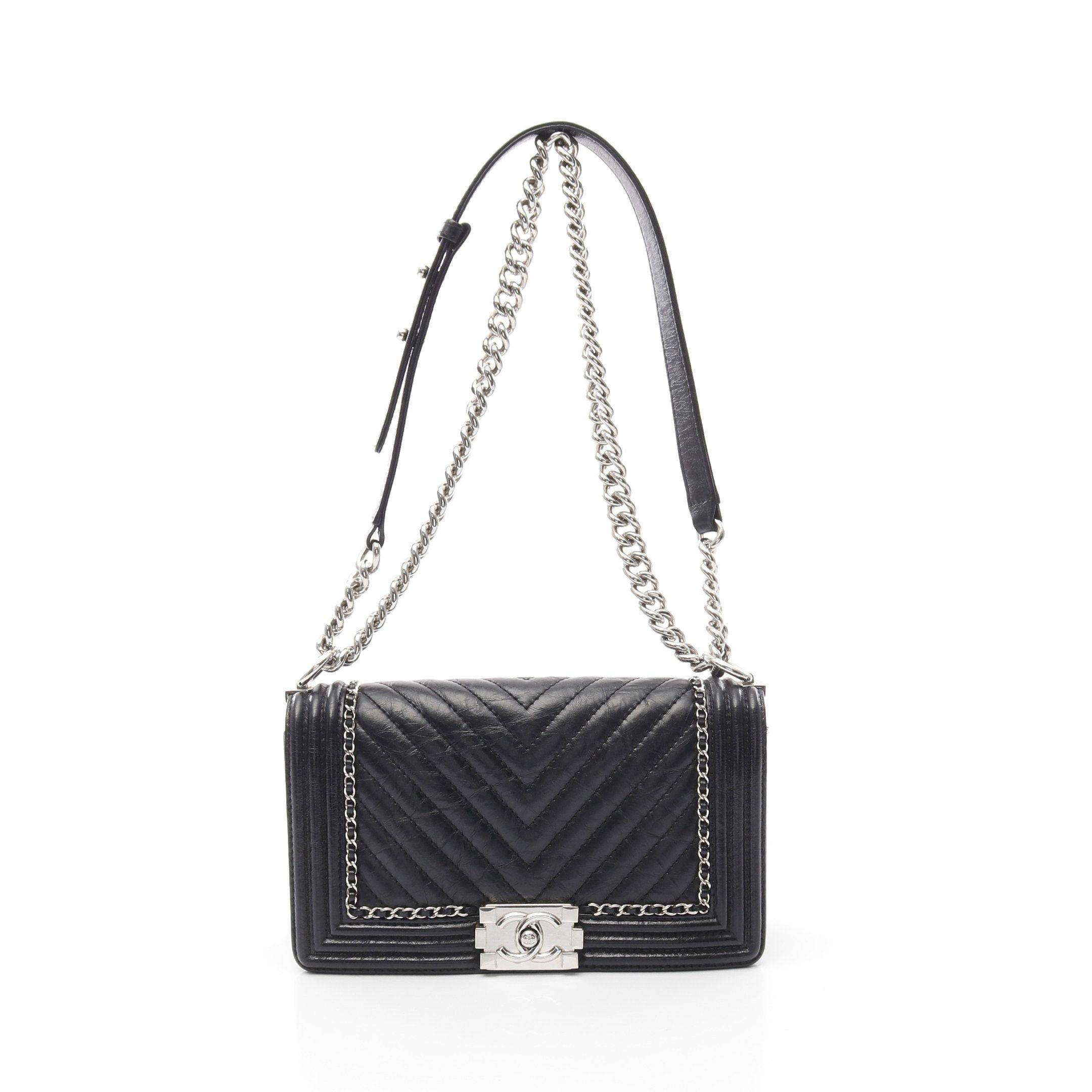 Chanel Chanel Boy Chanel Chevron V-Stitch Chain Shoulder Bag Leather Black Silver Hardware Size ONE SIZE - 1 Thumbnail