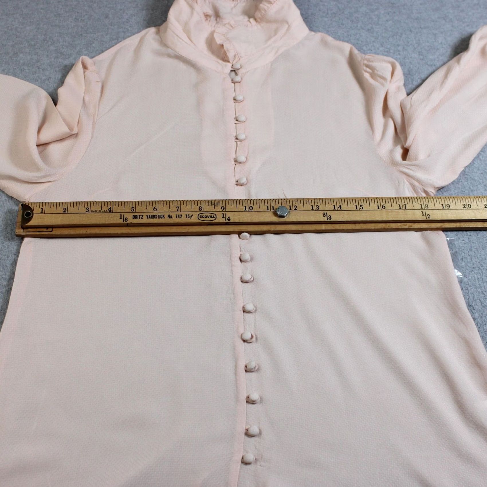 Vintage VINTAGE? No. ModCloth Shirt Women L Pink Ruffle Mock Neck Button Sheer Romantic Boho Top Size L / US 10 / IT 46 - 6 Thumbnail