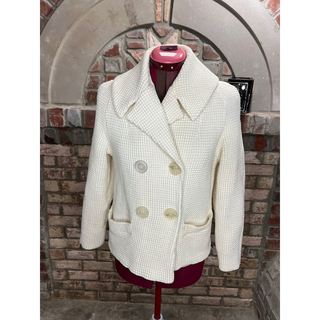 Vintage Blazer double breasted waffle knit cream 1950s oversized Size L / US 10 / IT 46 - 1 Thumbnail