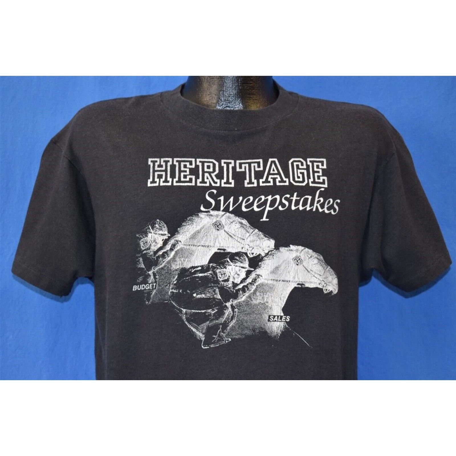 image of Hanes VTG 80's Heritage Sweepstakes Horse Jockey Racing Budget Joke T-Shirt L in White (Size Large)