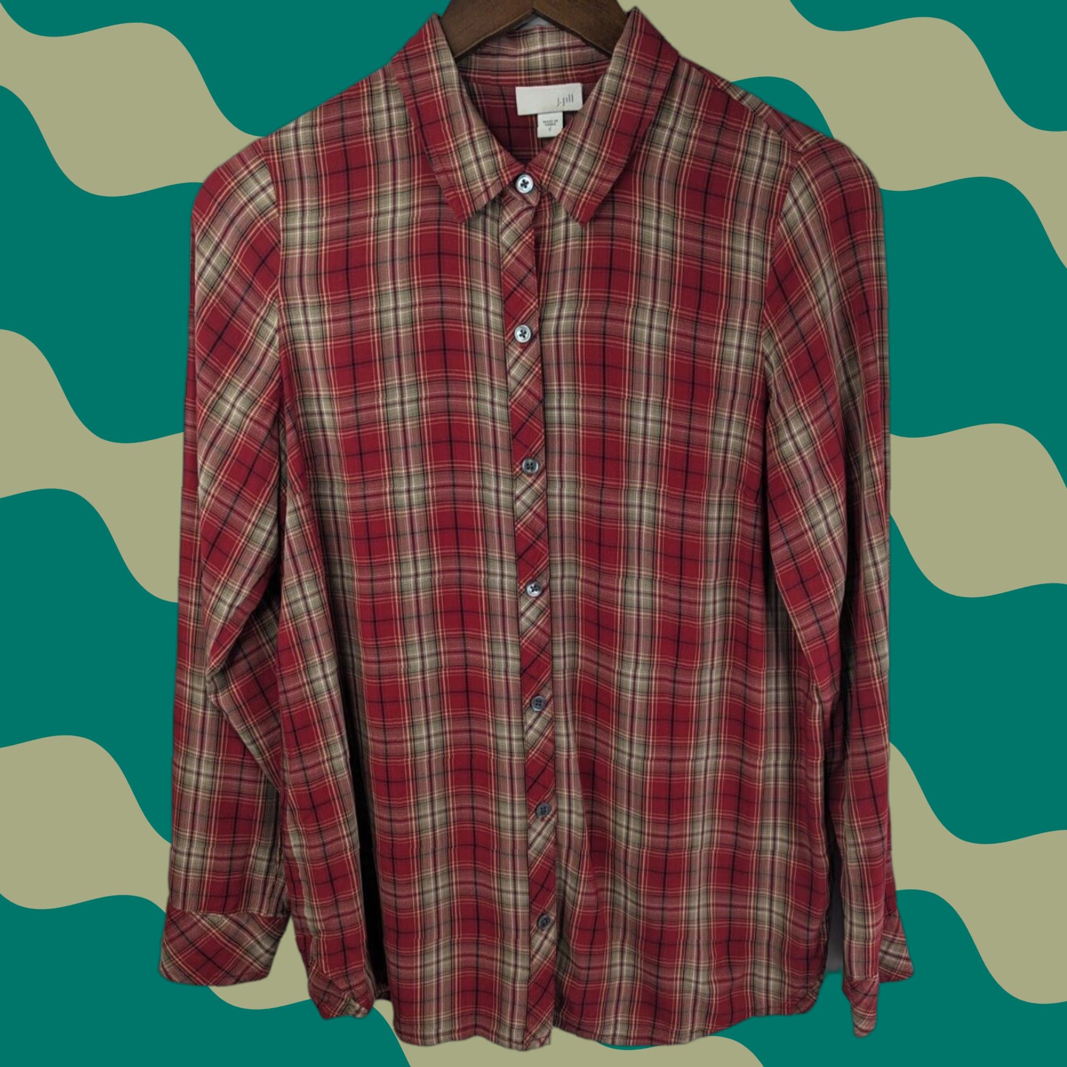J. Jill J Jill Blouse Shirt Women’s Small Red Tartan Plaid Long Sleeve Button Up Rayon Size S / US 4 / IT 40 - 1 Thumbnail