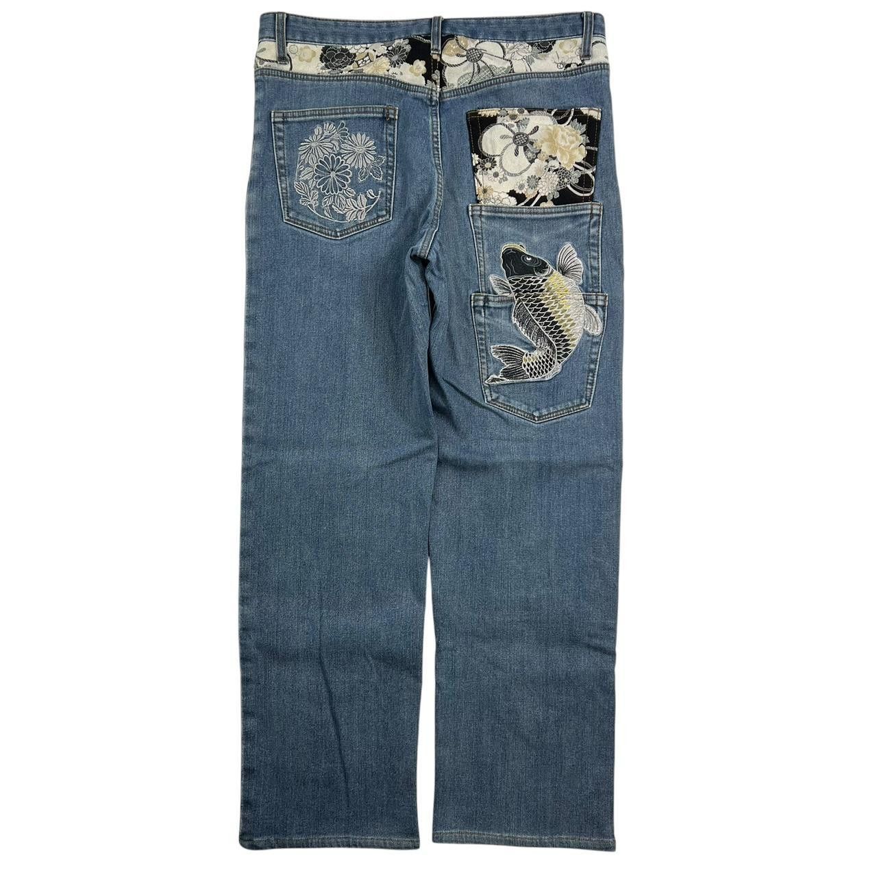 Japanese Brand Vintage Embroidered Koi Fish Japanese Denim Jeans - Waist 35 Size US 35 - 1 Thumbnail
