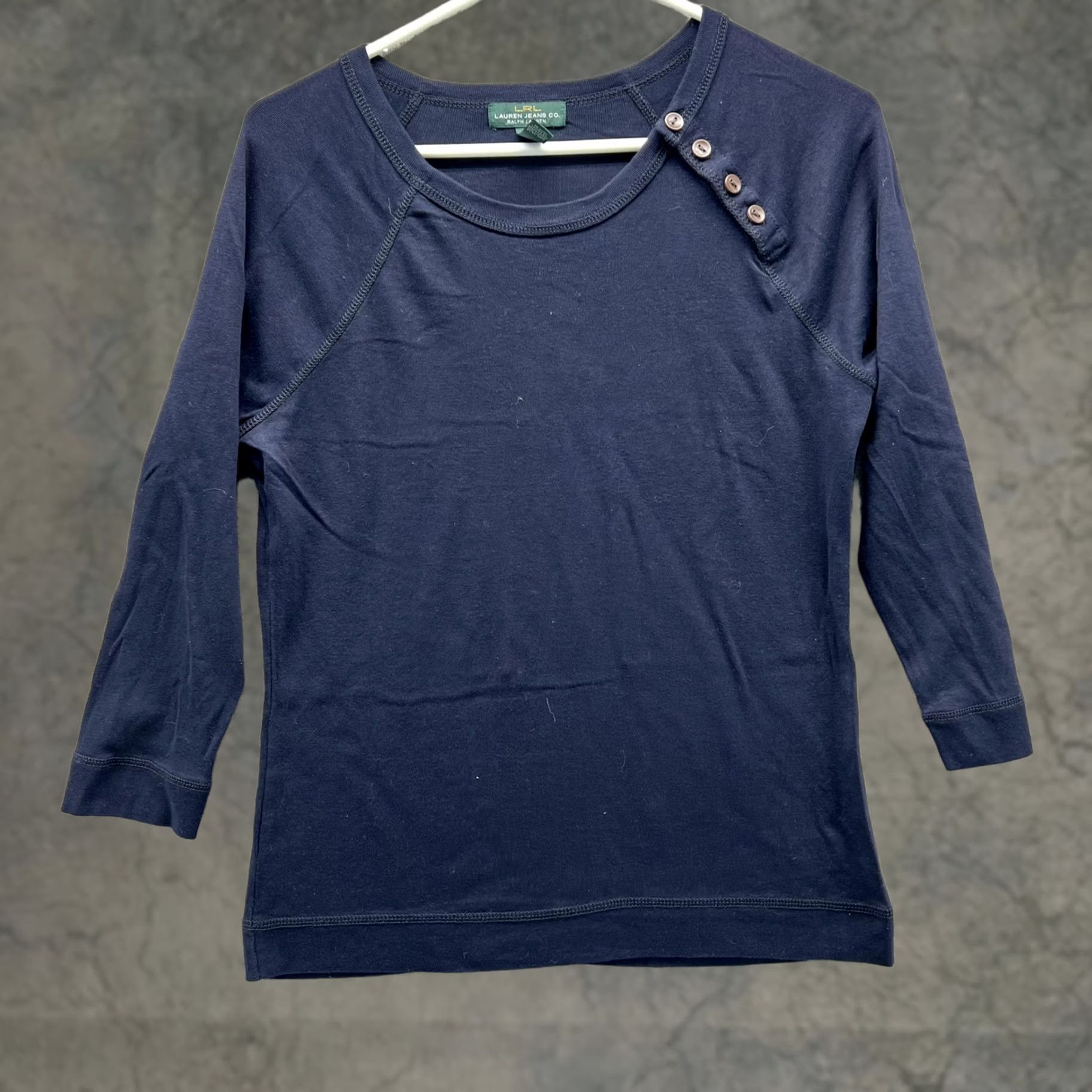 Vintage Lauren Jeans Co. Ralph Lauren Shirt Womens M Button Shoulder 3/4 Sleeve Top Blue Navy Raglan Casual Shirt Women Size M / US 6-8 / IT 42-44 - 1 Thumbnail