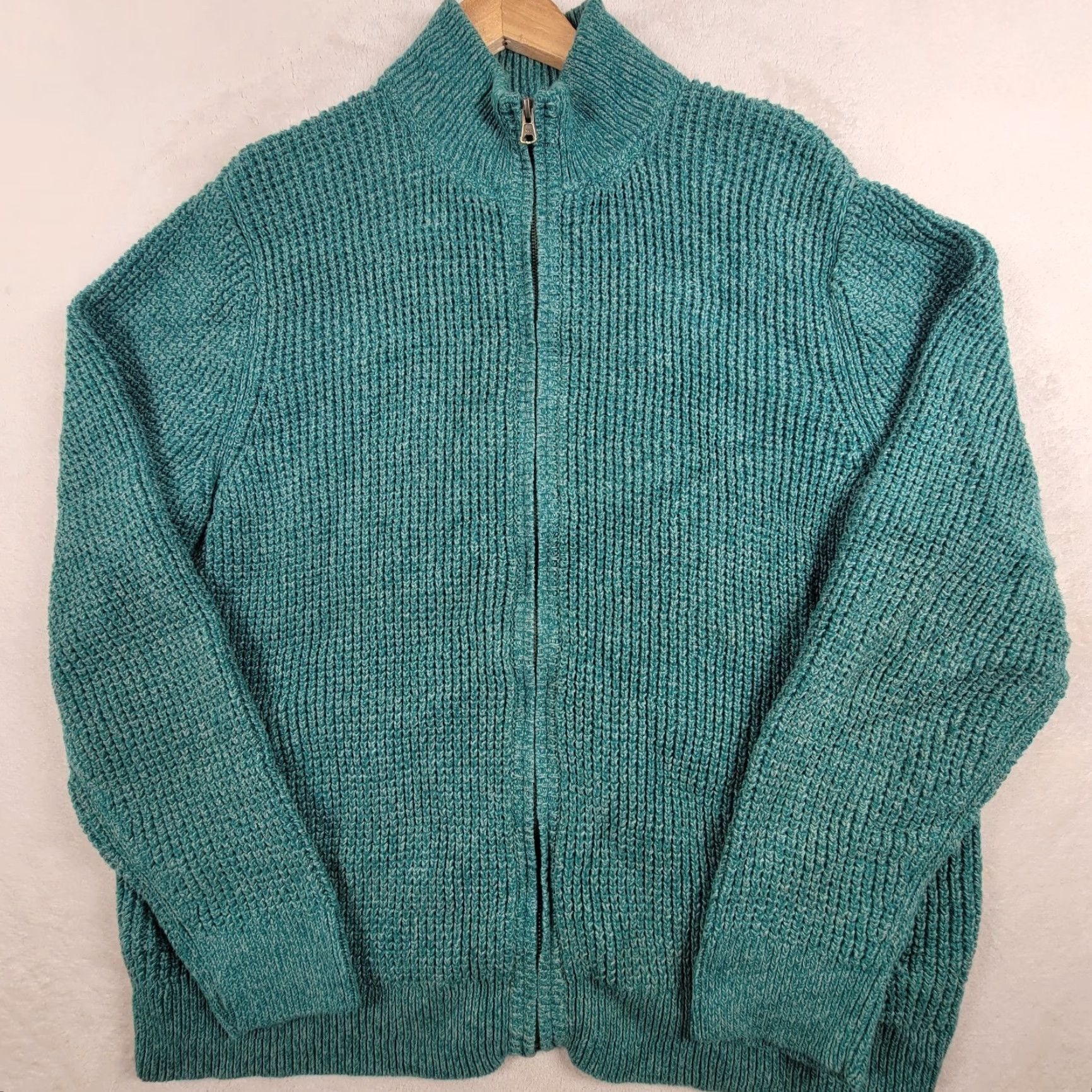 Vintage LL Bean Sweater Mens Large Waffle Knit Full Zip Green Pockets Heavyweight Casual Size US XL / EU 56 / 4 - 2 Thumbnail