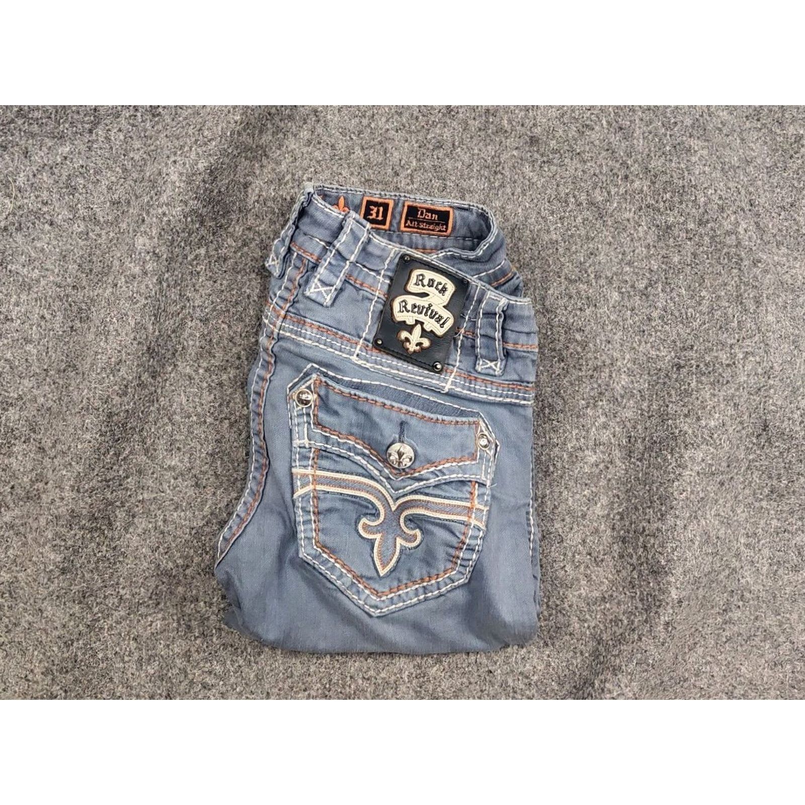 Vintage VINTAGE Rock Revival Jeans Rock Embroidered Logo Denim Y2K Men 31 Blue Cotton 5-Pocket Distressed Regular Straight Vintage Mens Jeans Size US 31 - 2 Thumbnail