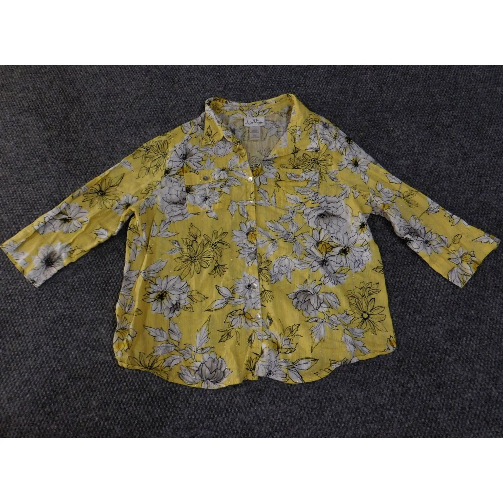 Vintage Alfred Dunner Shirt Womens Large Yellow Floral Metallic 3/4 Sleeve Button Up Size L / US 10 / IT 46 - 5 Thumbnail