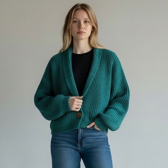 Vintage Vintage Wool “ALPS” Women's Teal Cardigan Boxy Sweater Size S / US 4 / IT 40 - 1 Thumbnail