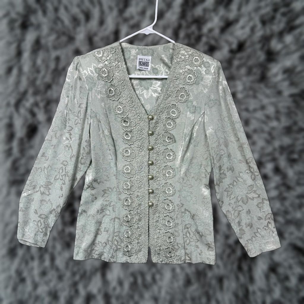 Vintage VINTAGE R&M Richards Skirt Suit 8P Petite Green Floral Jacquard Lace 2-Piece Set Women Party Elegant Size 30" / US 8 / IT 44 - 1 Thumbnail