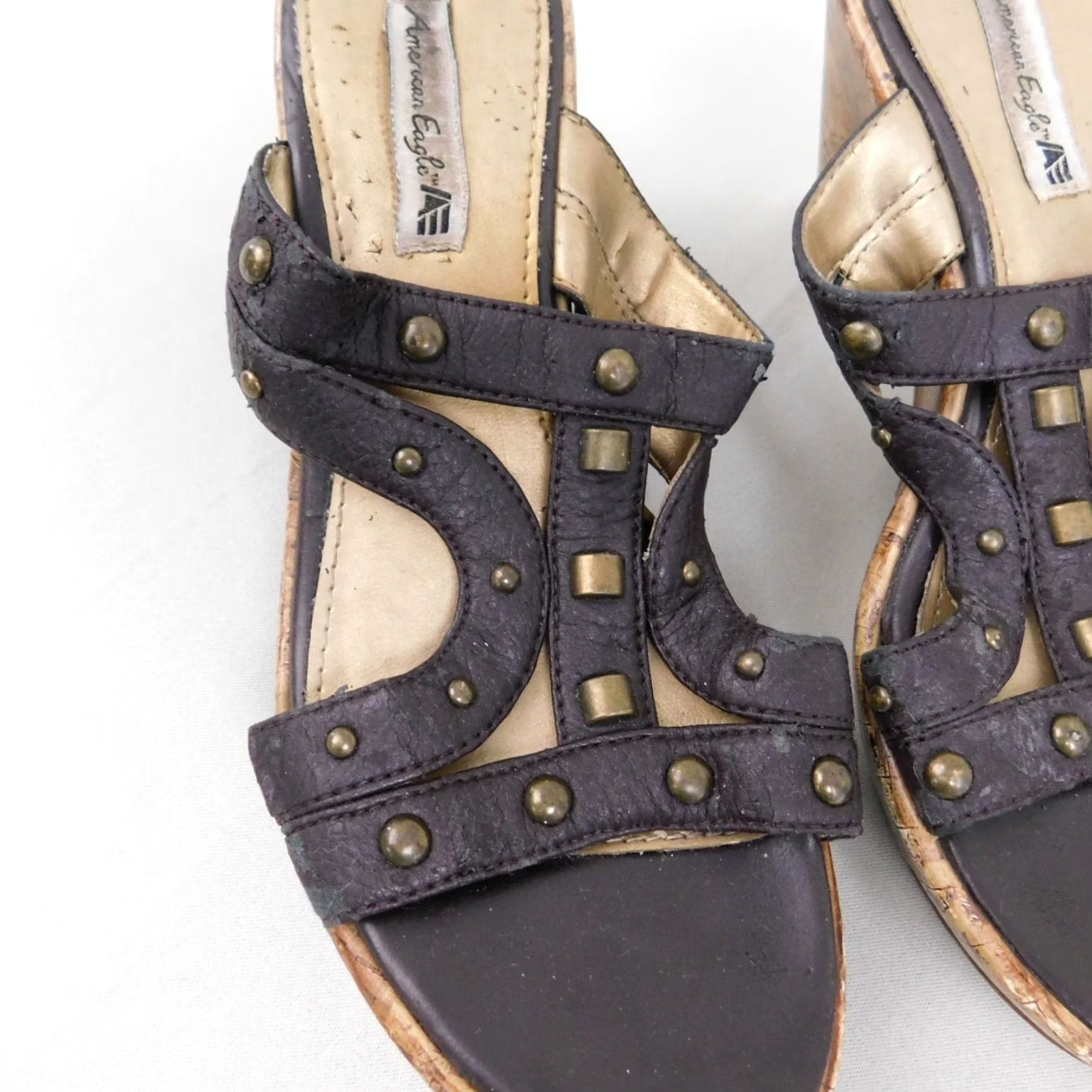 Vintage VINTAGE American Eagle Open-Toe Studded Cork Wedge Platform Sandals 7 Brown Espadrille Womens Size US 7 / IT 37 - 3 Thumbnail