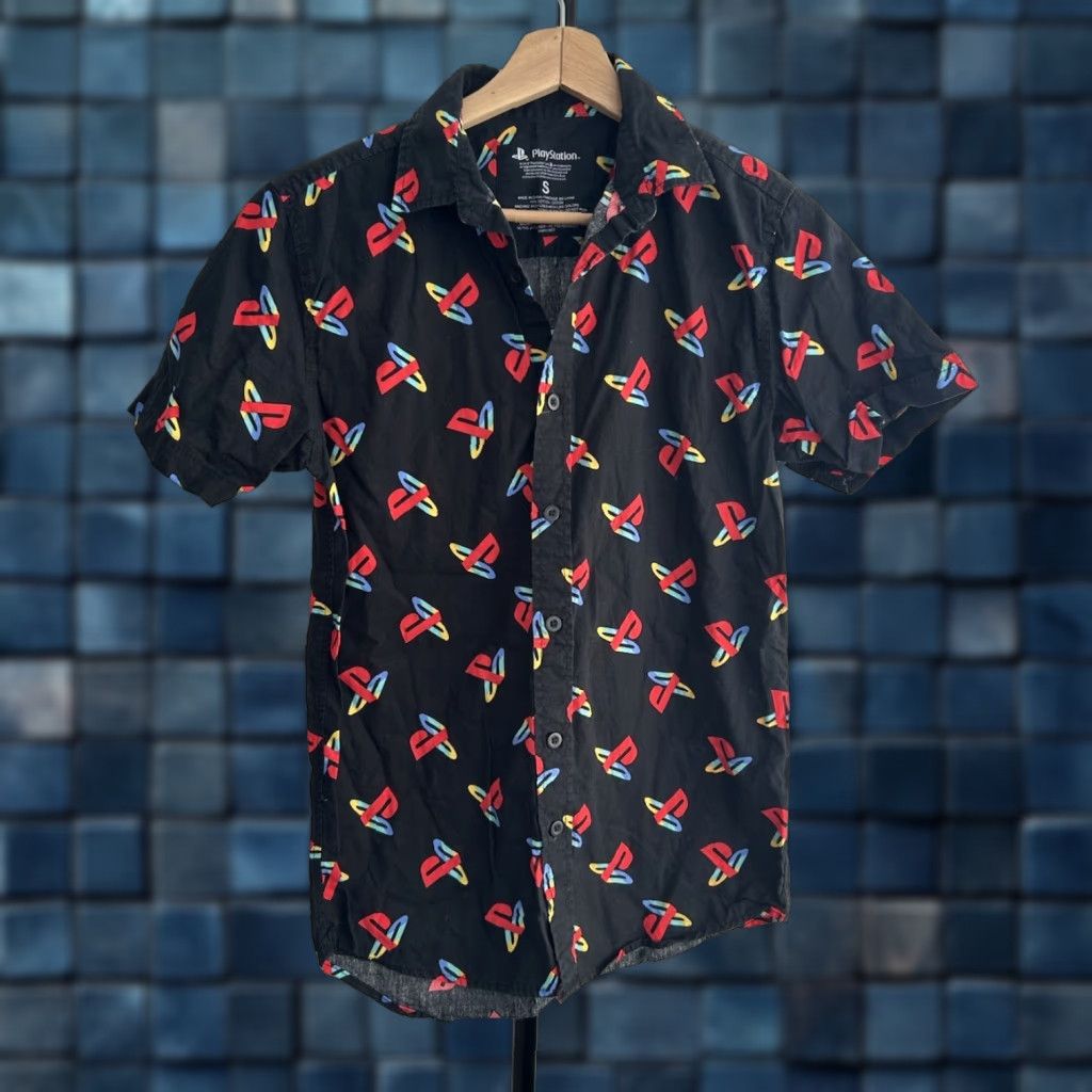 Sony Sony PlayStation Logo Button-Up Shirt Men’s Short Sleeve Color Black Floral 90s Halloween Hawaiian Skull NAA Knit? Wait. Size 36R - 1 Thumbnail