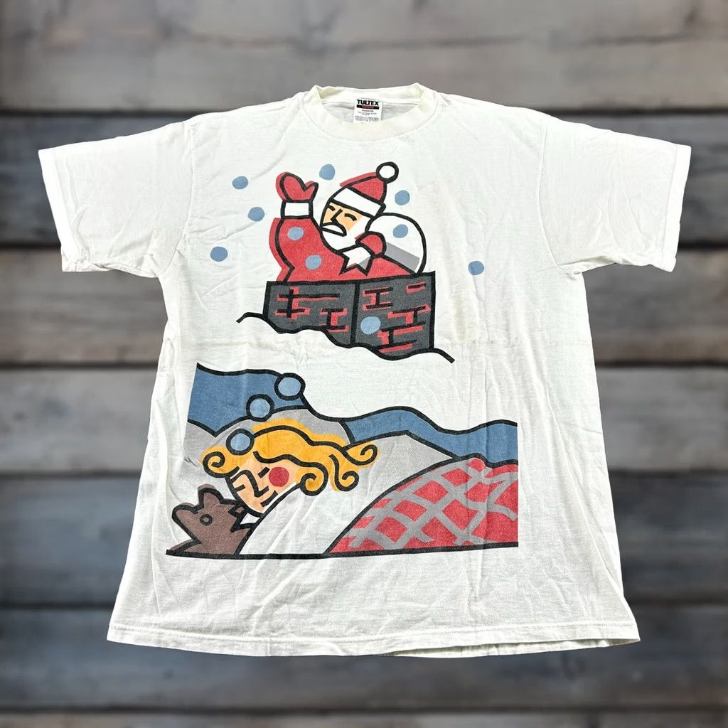 Tultex VINTAGE Santa Claus Shirt Mens XL White 90s Christmas Tultex Cotton Short Sleeve Crew Neck Swoosh Logo Reflective Machine Washable Size US XL / EU 56 / 4 - 1 Thumbnail