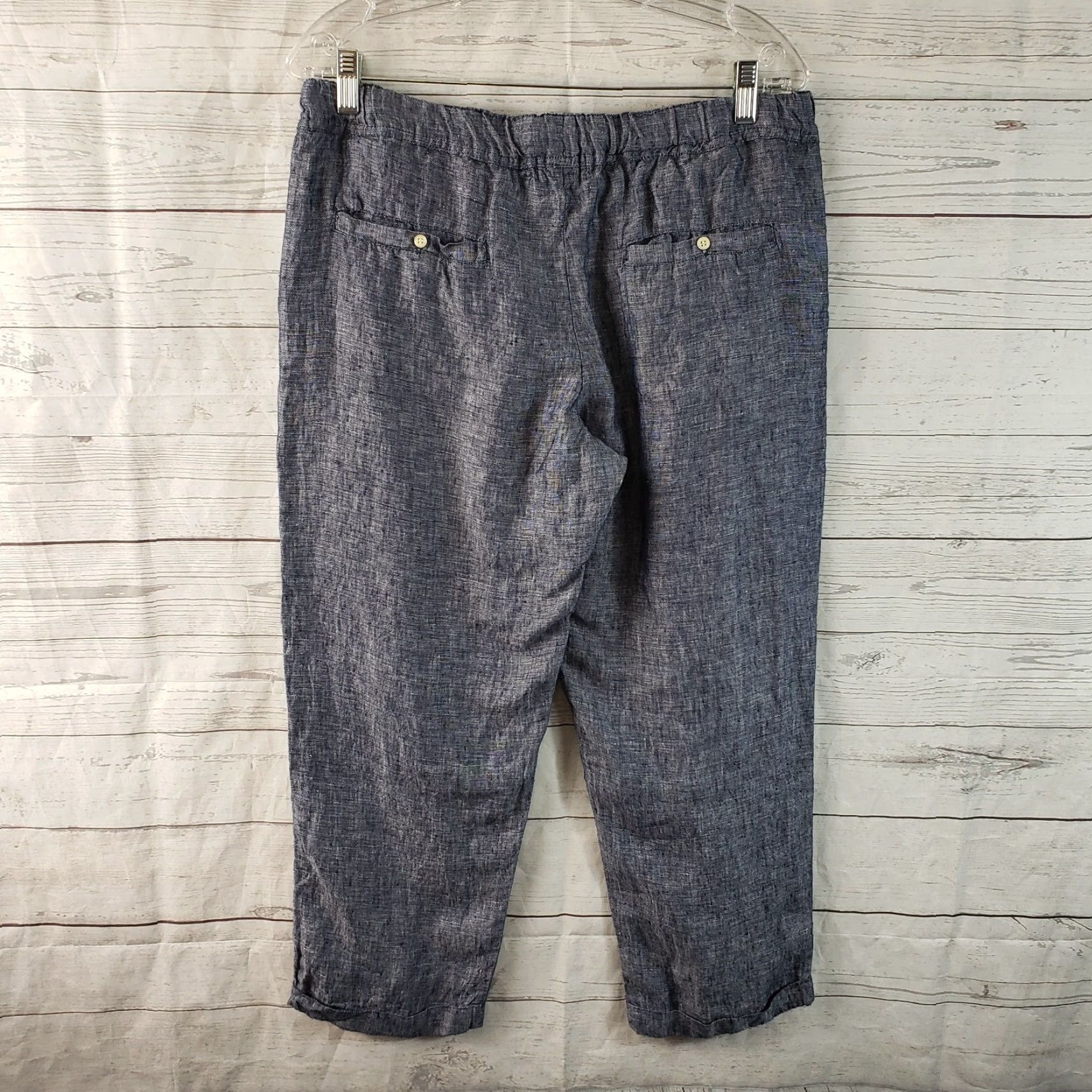 Vintage Allen Allen Womens Cropped Linen Pants M Blue Cuffed Drawstring Size 32" / US 10 / IT 46 - 3 Thumbnail