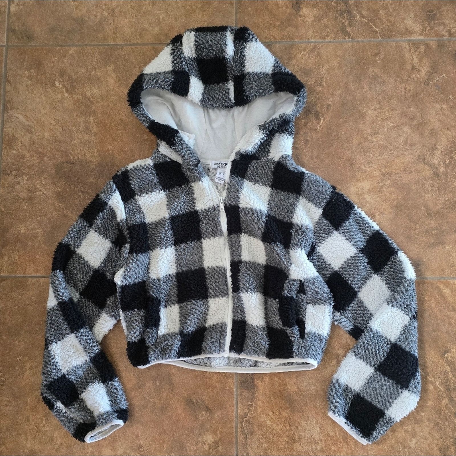 Other Black White Checkered | REFUGE | Cropped Teddy Zip Up Size L / US 10 / IT 46 - 1 Thumbnail