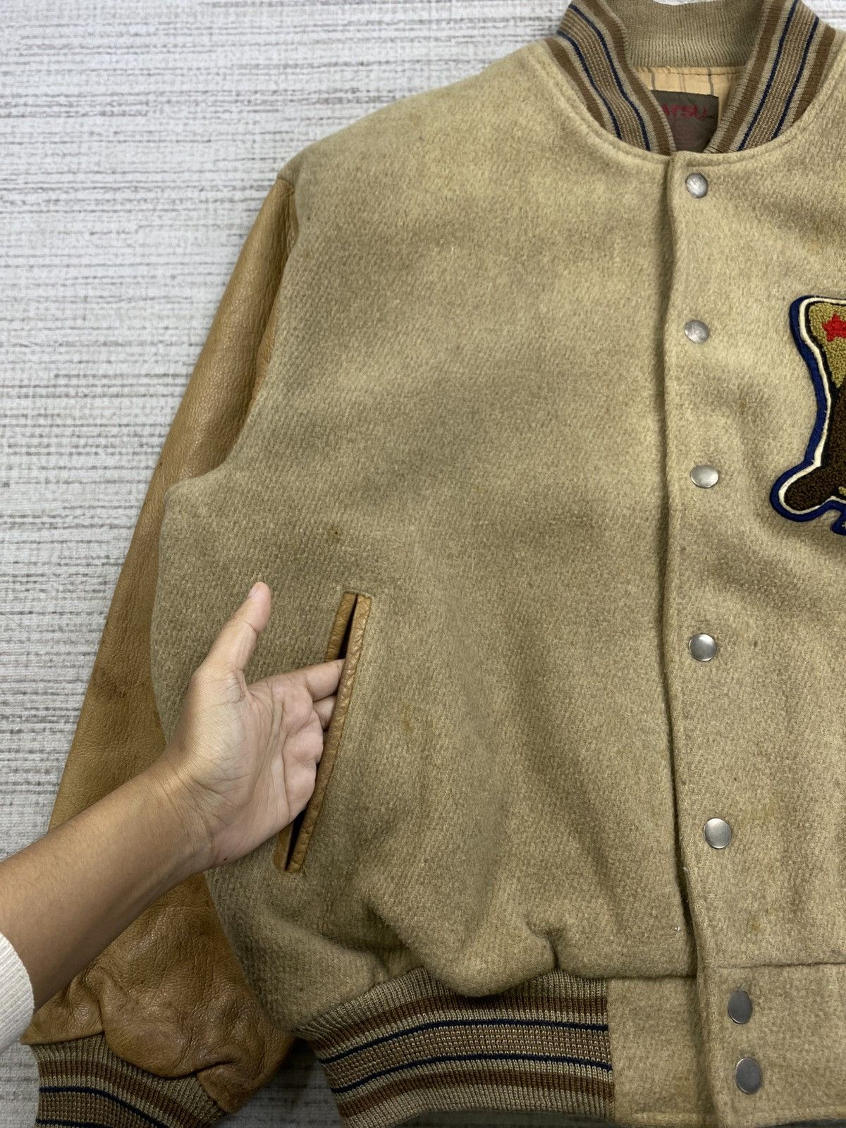 Japanese Brand × Vintage Vintage Ba-Tsu Co. league Leather Sleeve Varsity Jacket Size US L / EU 52-54 / 3 - 7 Thumbnail