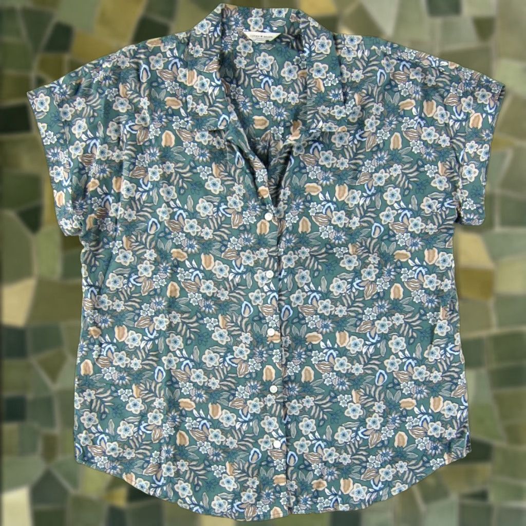 Lucky Brand Lucky Brand Button-Up Short Sleeve Blouse S Womens Floral 100% Rayon Green Brown Blue Size S / US 4 / IT 40 - 1 Thumbnail