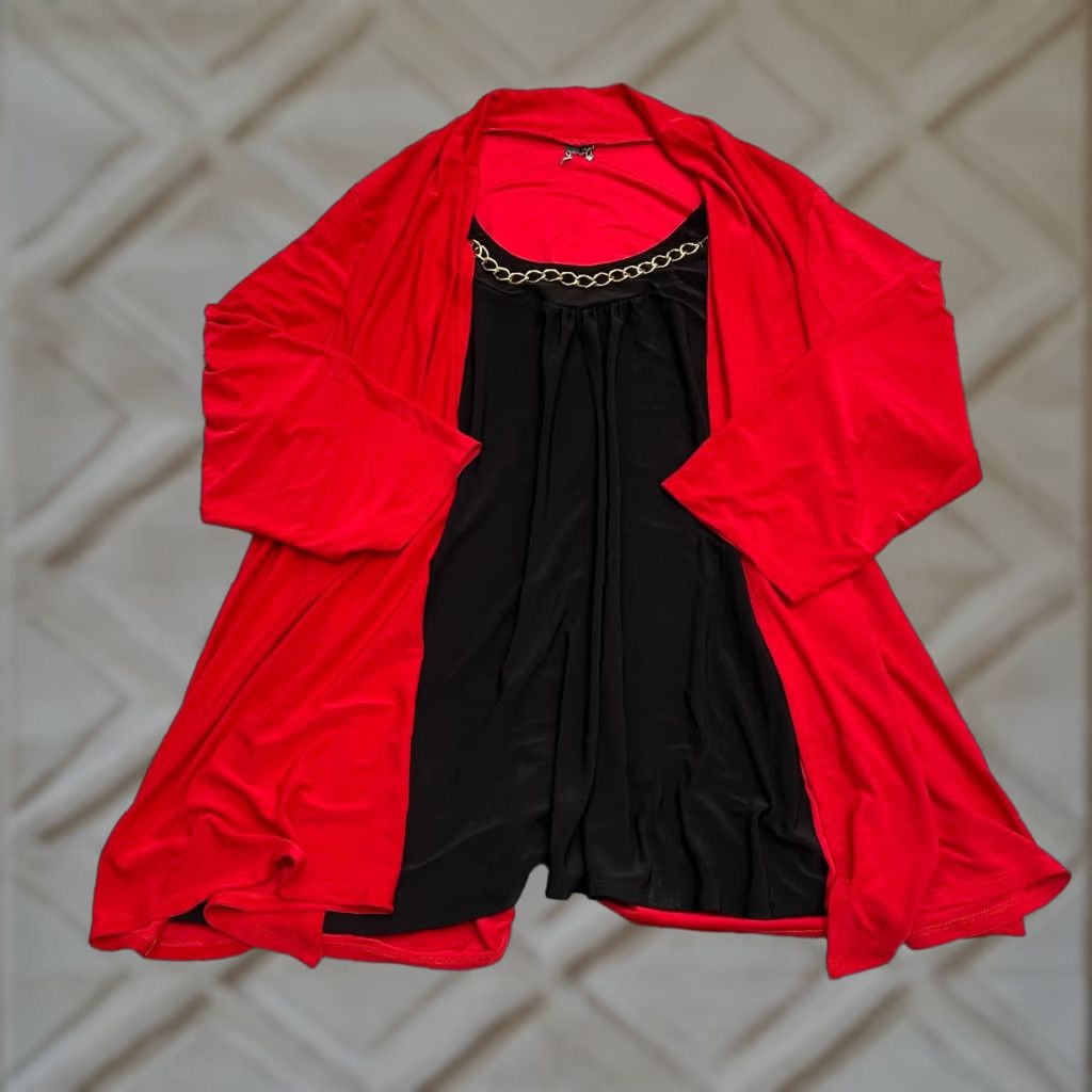 Vintage New Directions Cardigan Blouse Womens 2X Red Black Chain Necklace Stretch Knit Solid Long Sleeve Casual/Workwear Women's Plus Size Size XXL / US 16-18 / IT 52-54 - 1 Thumbnail