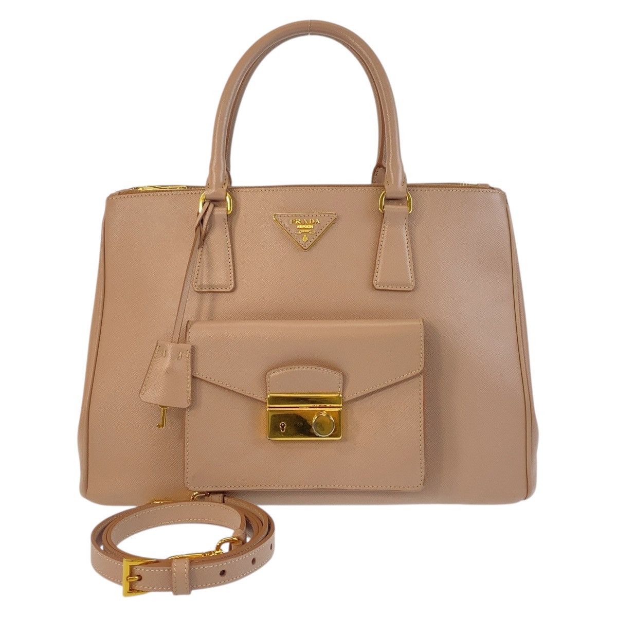 Prada Prada Saffiano Triangle Logo Plate 2Way Bag Leather Shoulder Bag in Beige, Women's