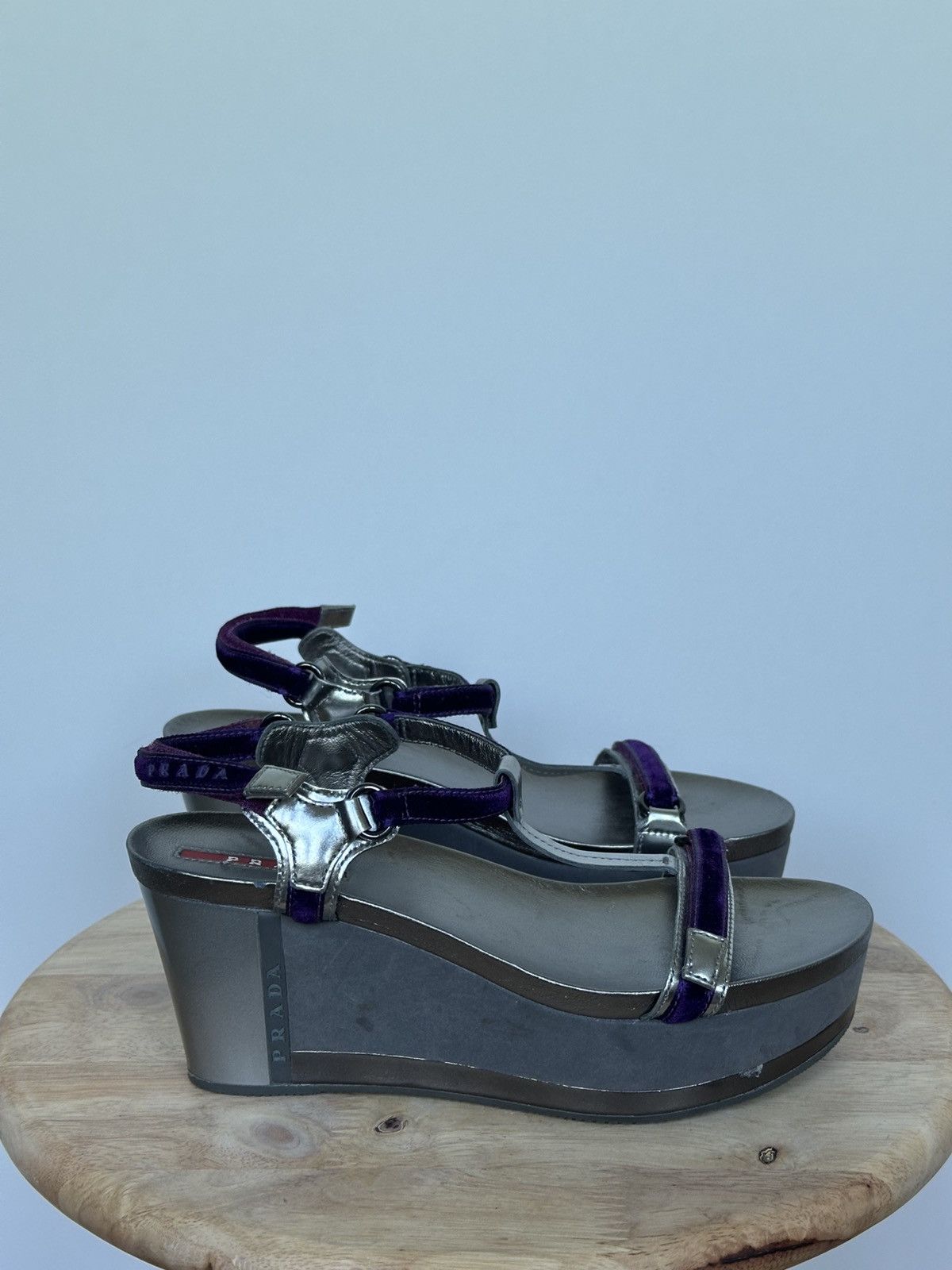 Prada Prada wedge sandals leather velvet grey / purple with box Size US 6 / IT 36 - 4 Thumbnail