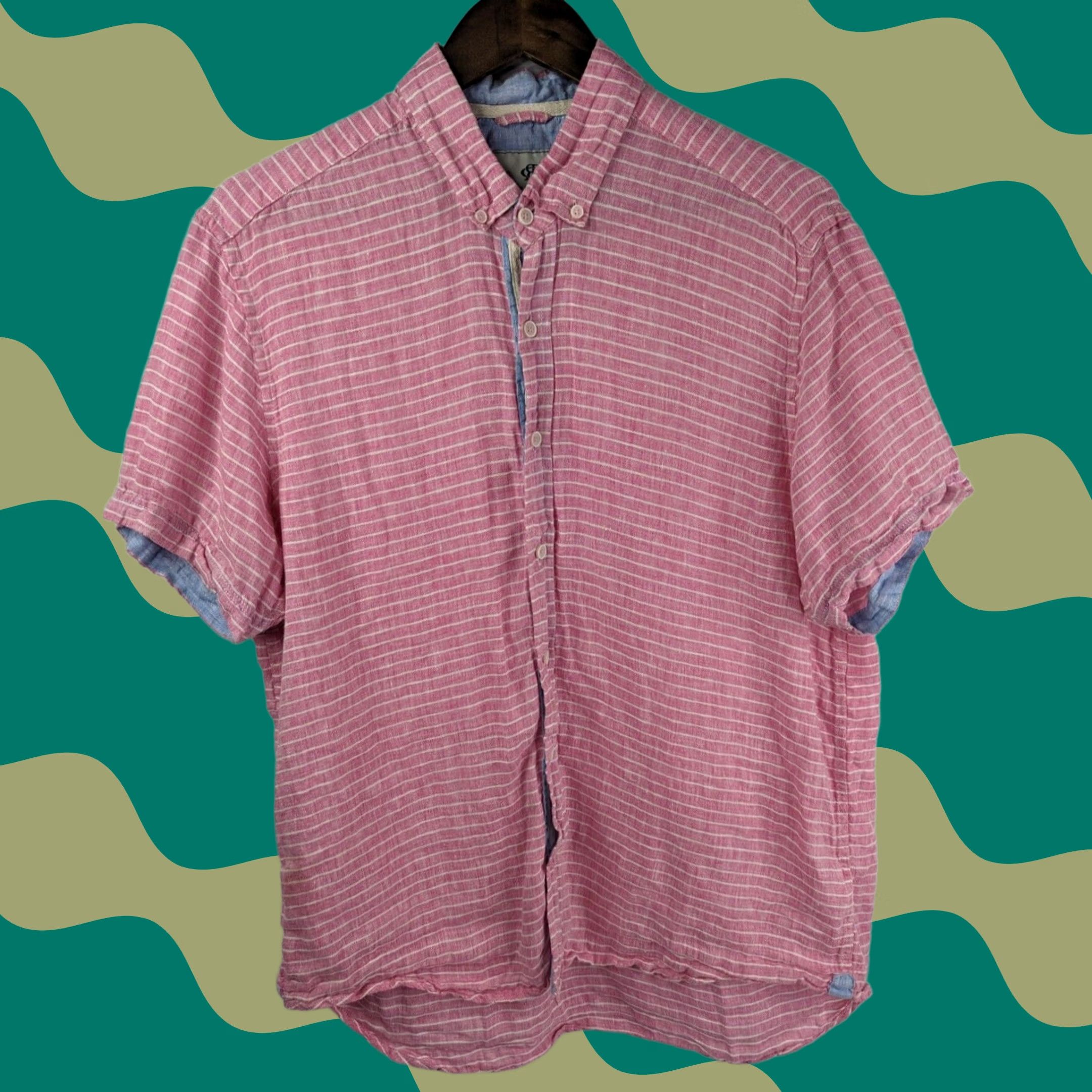 Vintage Report Collection Pink Stripe Shirt Mens Large Short Sleeve Button Down Camp Size US L / EU 52-54 / 3 - 1 Thumbnail