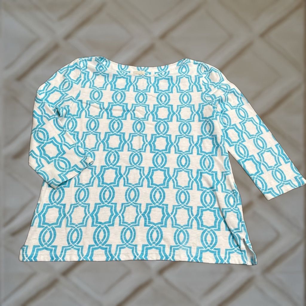 Vintage Chico's Blouse Womens Small Blue White Geometric Boat Neck 3/4 Sleeve Casual Shirt Women"} Size S / US 4 / IT 40 - 1 Thumbnail
