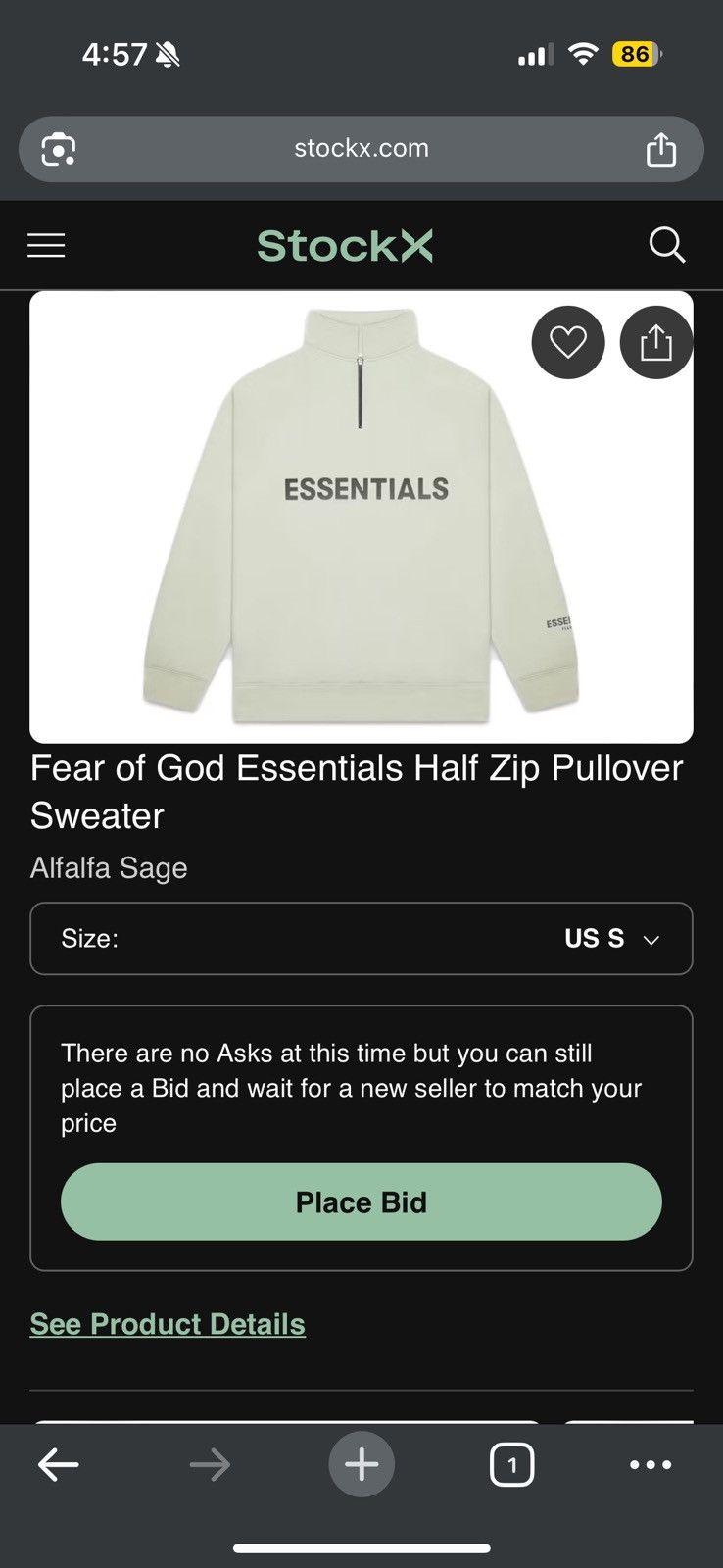 Fear of God Fear of God Essentials Half-Zip Sweater Alfalfa Sage SZ S🔥 Size US S / EU 44-46 / 1 - 15 Thumbnail
