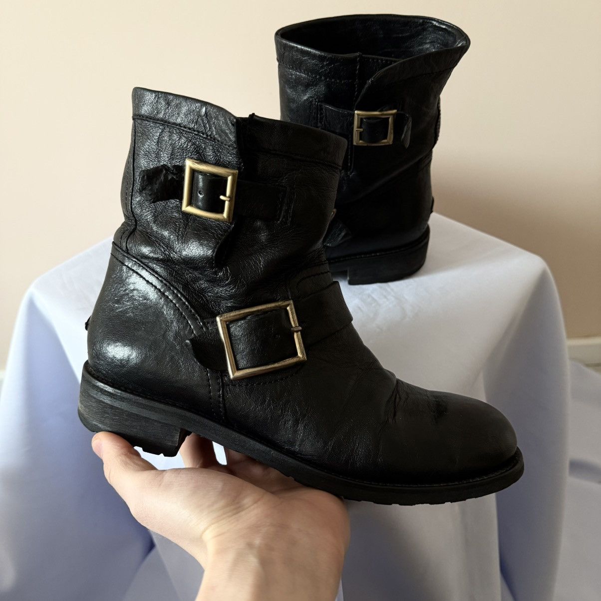 Jimmy Choo Jimmy Choo Black Leather Buckle Biker Moto Boots Frye Style Size US 8 / IT 38 - 4 Thumbnail