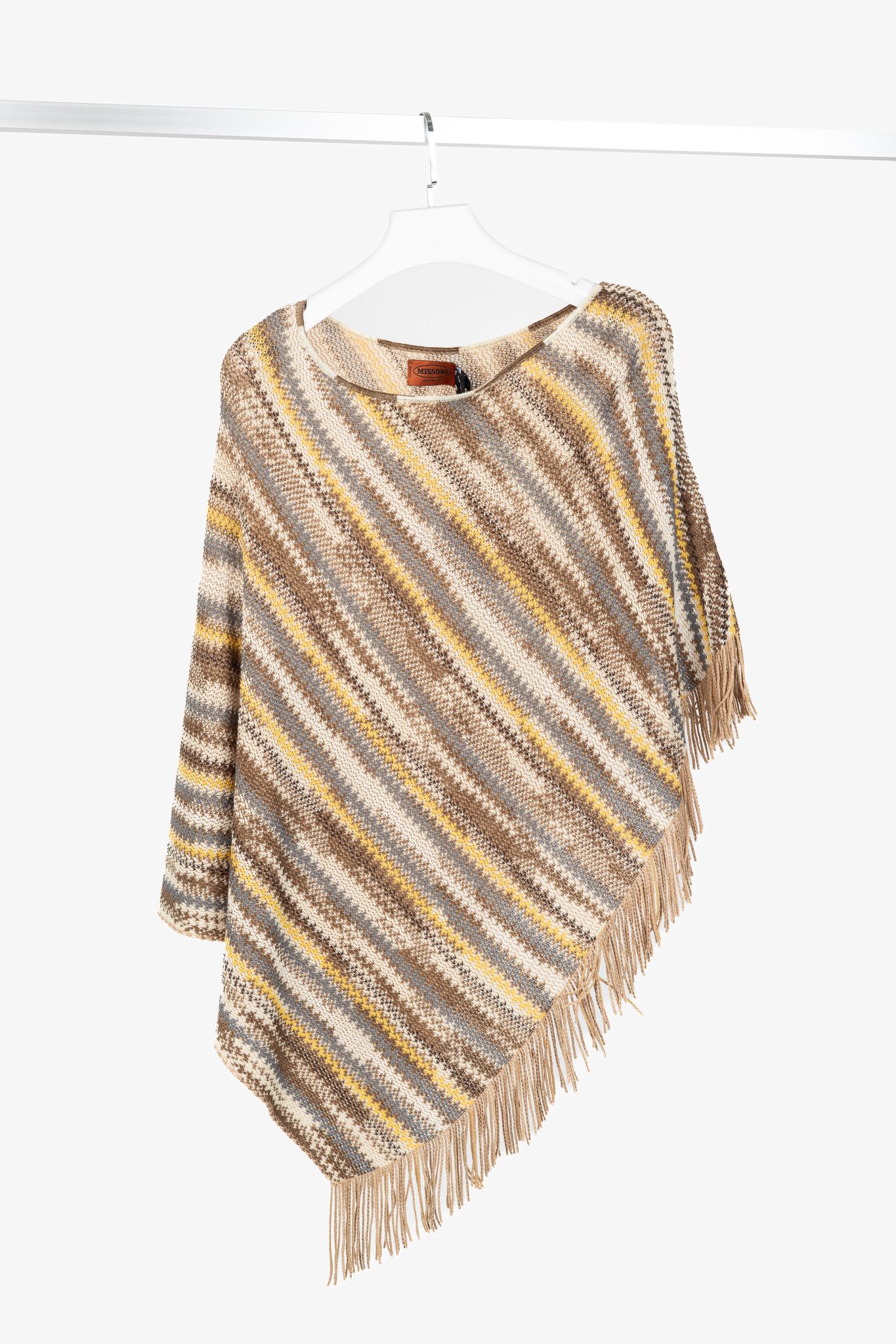 Missoni Missoni Brown & Yellow Wool-Blend Striped Knit Fringe Poncho Size ONE SIZE - 1 Thumbnail