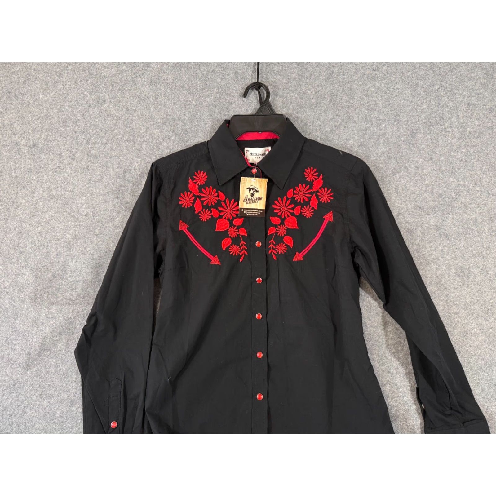 Vintage Ace of Diamond Western Shirt Womens S Black Red Embroidered Pearl Snap NWT Size S / US 4 / IT 40 - 3 Thumbnail