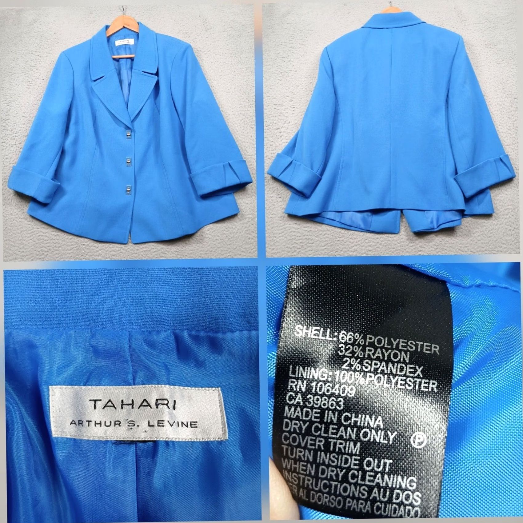 Vintage Tahari Arthur S Levine Blazer Jacket Women Blue Solid 3/4 Sleeve Button Single-Breasted Lined Workwear Tailored Size L / US 10 / IT 46 - 2 Thumbnail