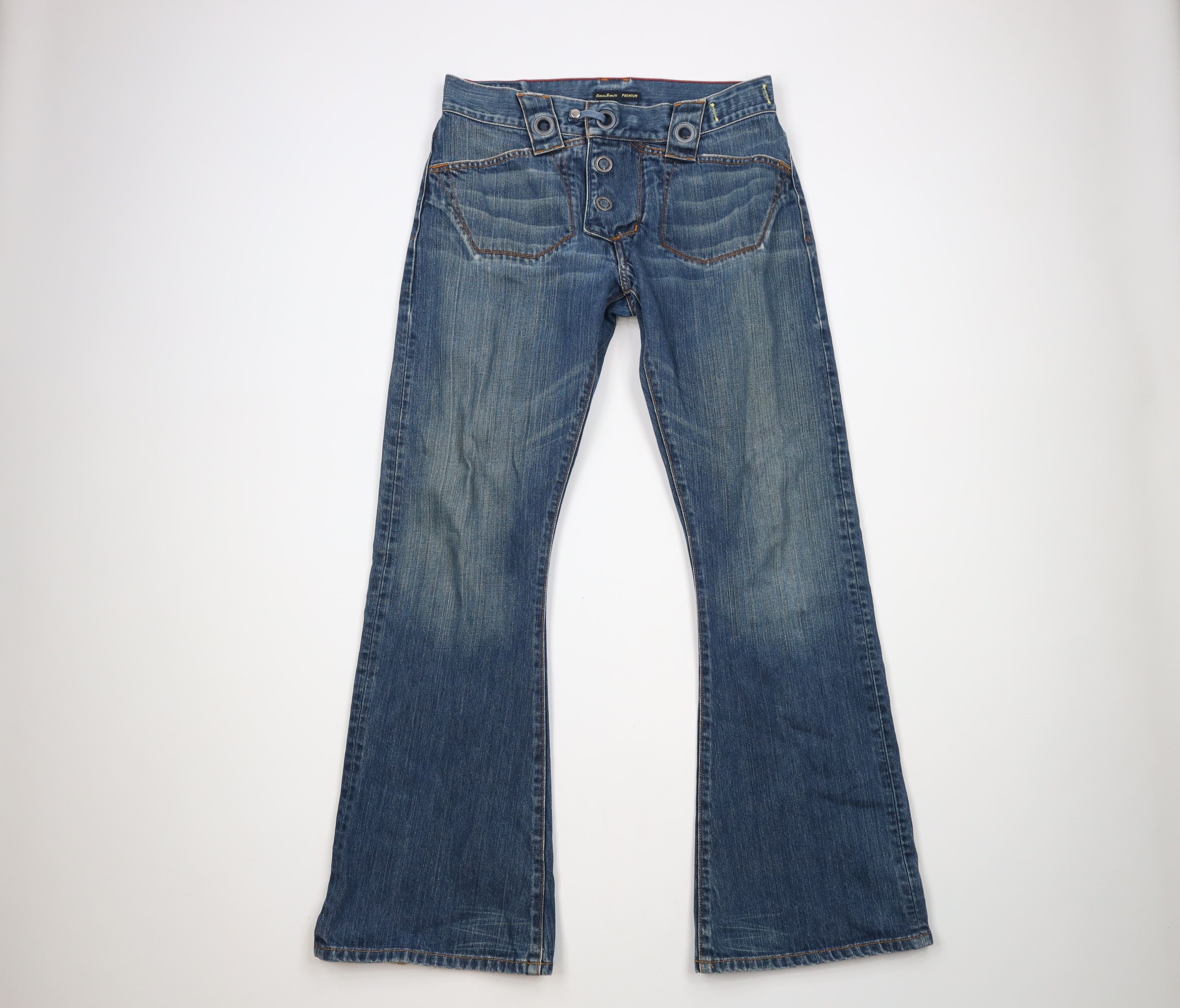 image of Y2K Guess Button Fly Wide Leg Flared Denim Jeans in Blue, Women's (Size 32)
