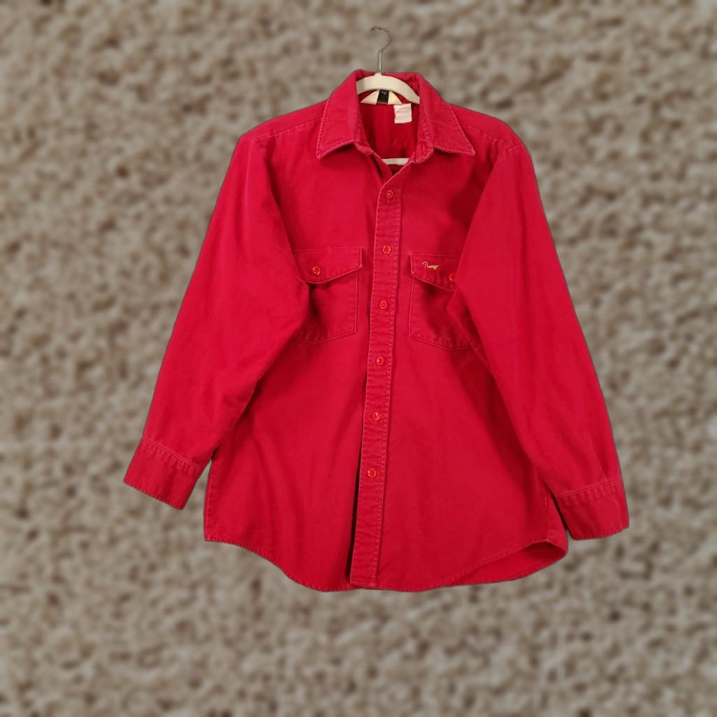 Denime VINTAGE Duxbak Shirt Mens Large Red Denim Button Up Long Sleeve Button Pockets Size US L / EU 52-54 / 3 - 1 Thumbnail