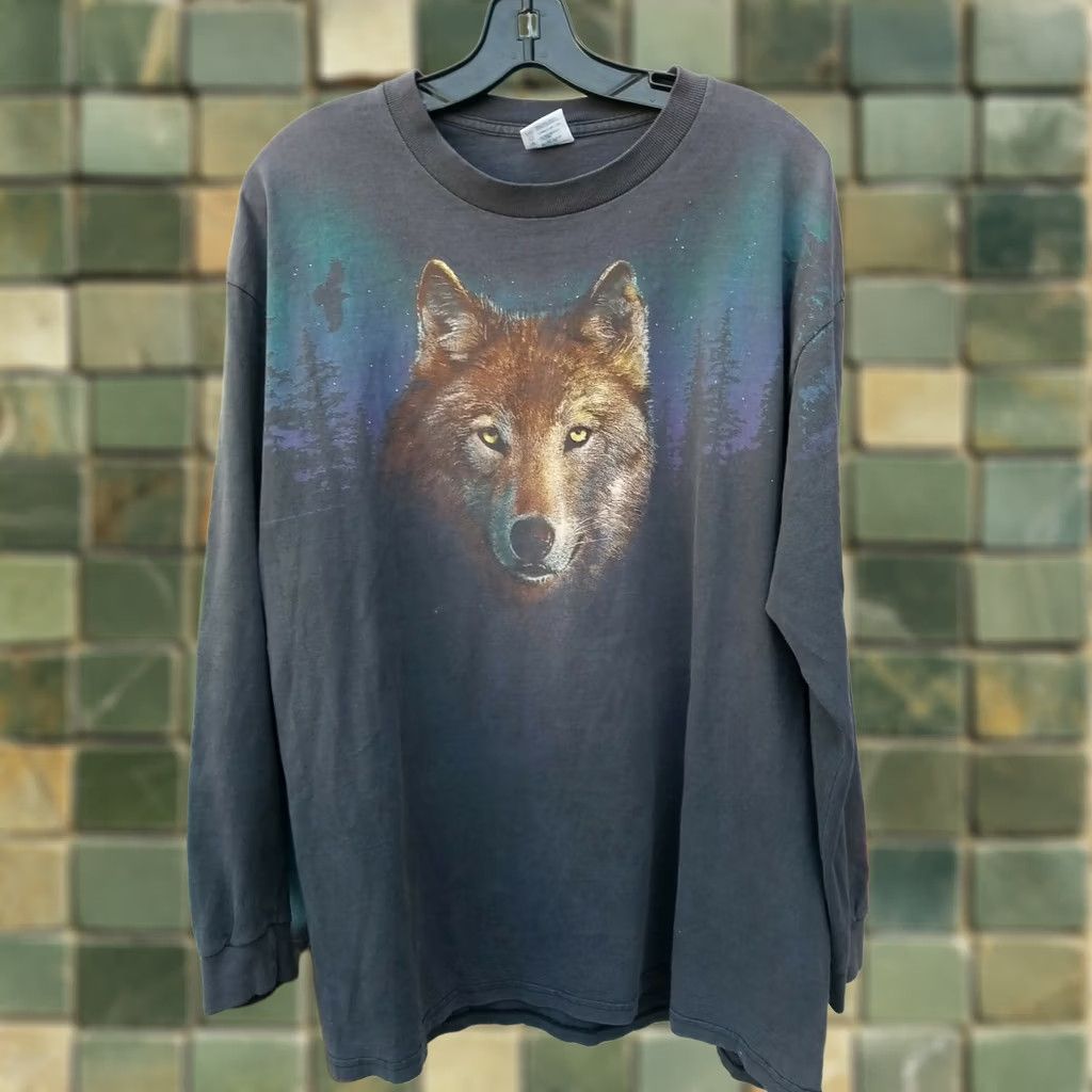 Delta VINTAGE Peter Kull Wolf Northern Lights 2 Sided L/S Shirt XL Black Cotton Graphic Print Unisex Adults T-Shirt 1990s Men Women Size US XL / EU 56 / 4 - 1 Thumbnail