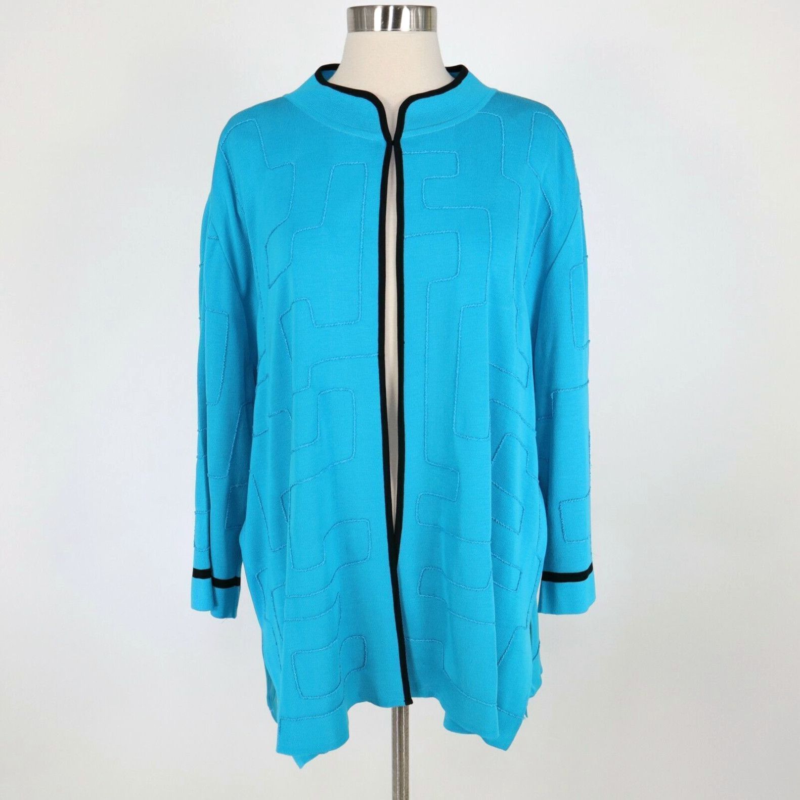 image of Vintage Ming Wang Cardigan Sweater 3X Plus Open Front Teal Turquoise Green Black Acrylic in White, 