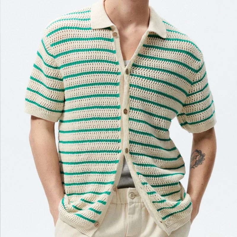 Other Men Striped Knitted Short Sleeve Button Shirt Size US L / EU 52-54 / 3 - 1 Thumbnail