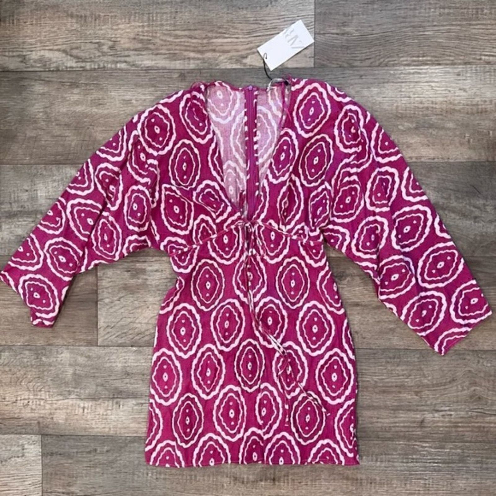 Zara ZARA Fuchsia Printed V Neck Mini Dress NWT Size S / US 4 / IT 40 - 19 Thumbnail