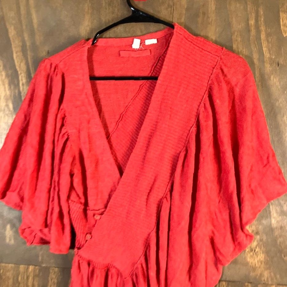 Anthropologie Anthropologie Moth Sweater Orange Wrap Shirt S/M Womens Knit V-Neck Short Sleeve Bohemian Ruffle Size S / US 4 / IT 40 - 2 Thumbnail