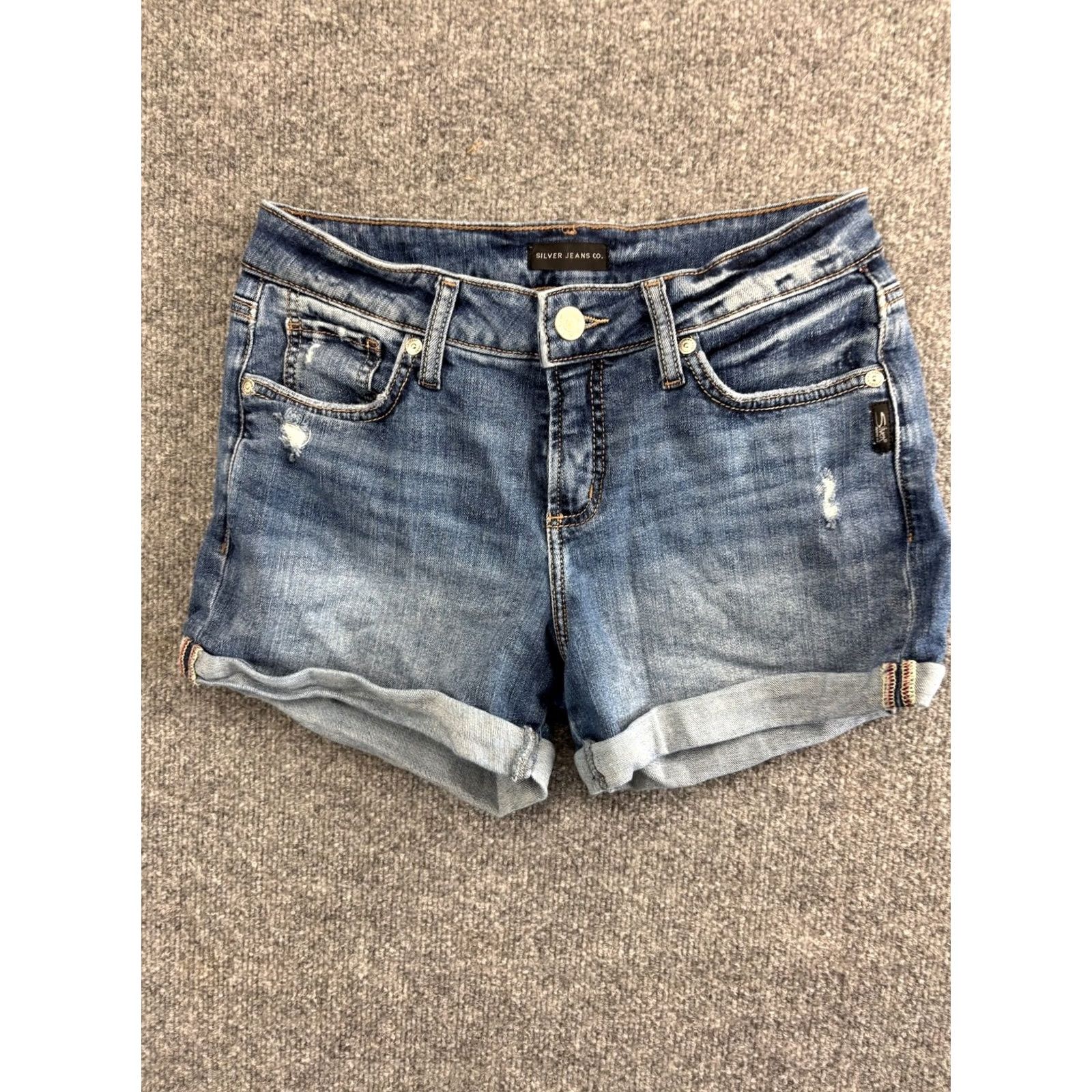 Silver Jeans Co. Silver Jeans Suki Shorts Women's W25 x L4 Blue Denim Stretch Distressed Cuffed Regular Rise Bohemian Outdoor 5-Pocket Denim Shorts Women Azul? Size 42" / US 20 - 2 Thumbnail
