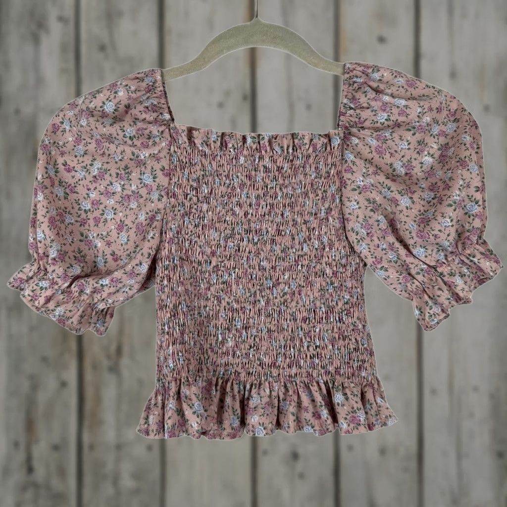 Vintage Independent Cropped Pink Floral Smocked Top with Puffy and Ruffled Sleeve Tie Bow XS/S Blouse Womens Size XS / US 0-2 / IT 36-38 - 1 Thumbnail