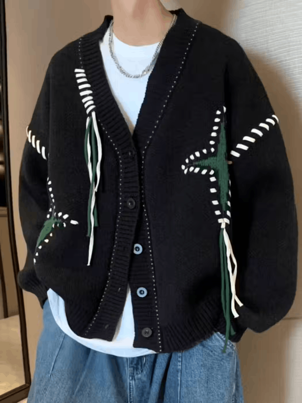 Japanese black star embroidered cardigan jacket