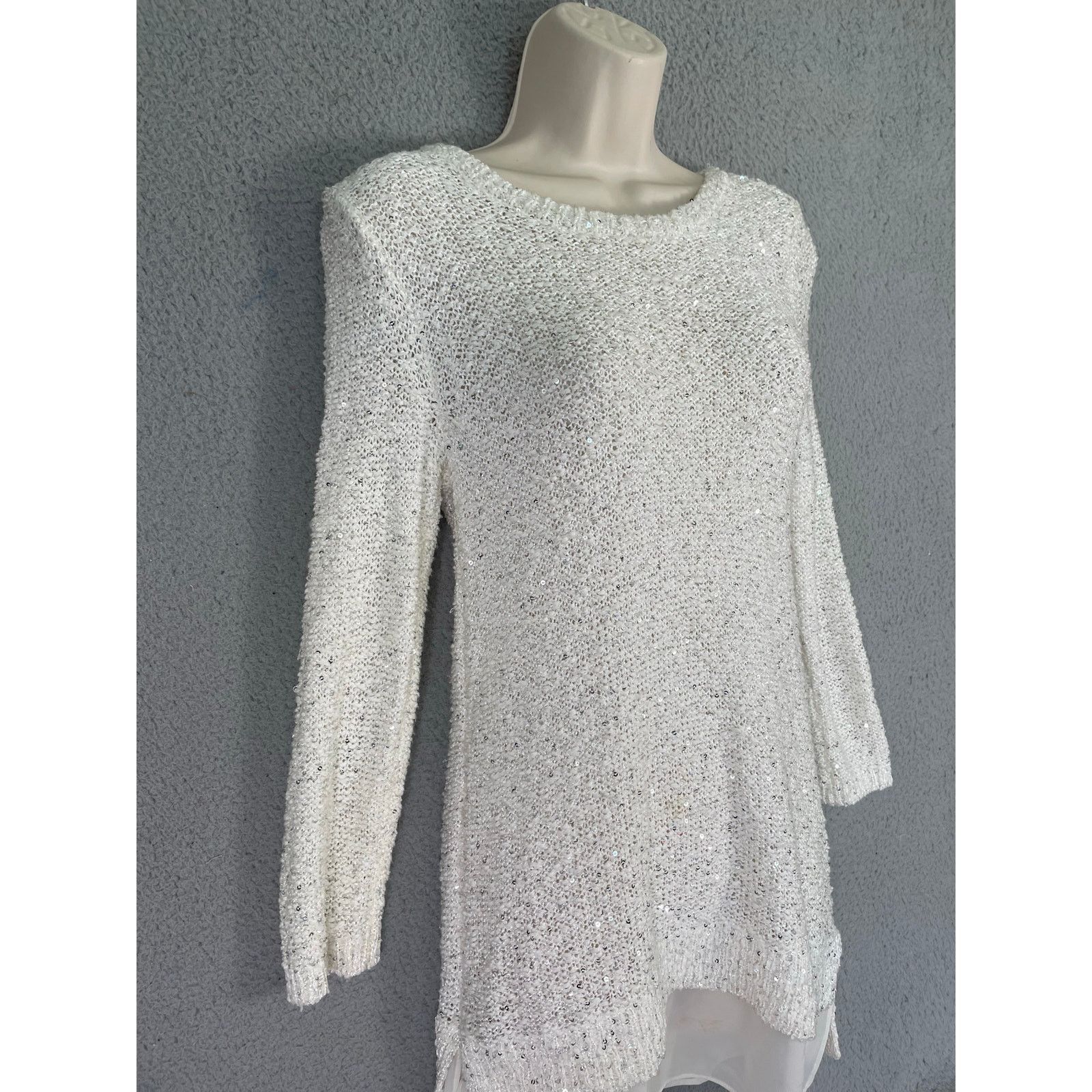 Loft LOFT White Sequin Knit Sweater Tunic Sheer Hem Women's Small Size S / US 4 / IT 40 - 6 Thumbnail