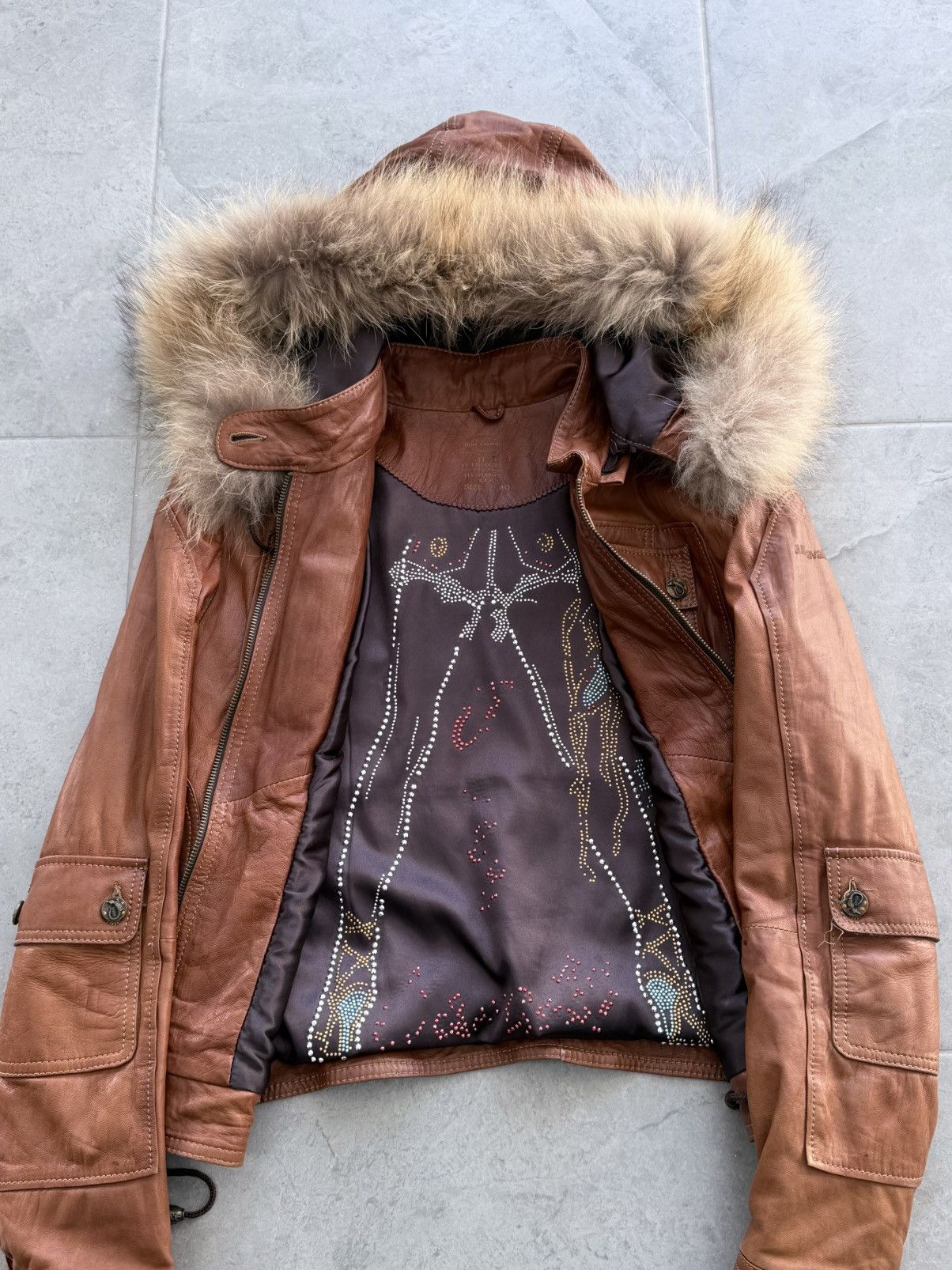 Just Cavalli 2000s Cavalli Cargo Fur Hood Leather Jacket Size S / US 4 / IT 40 - 6 Thumbnail