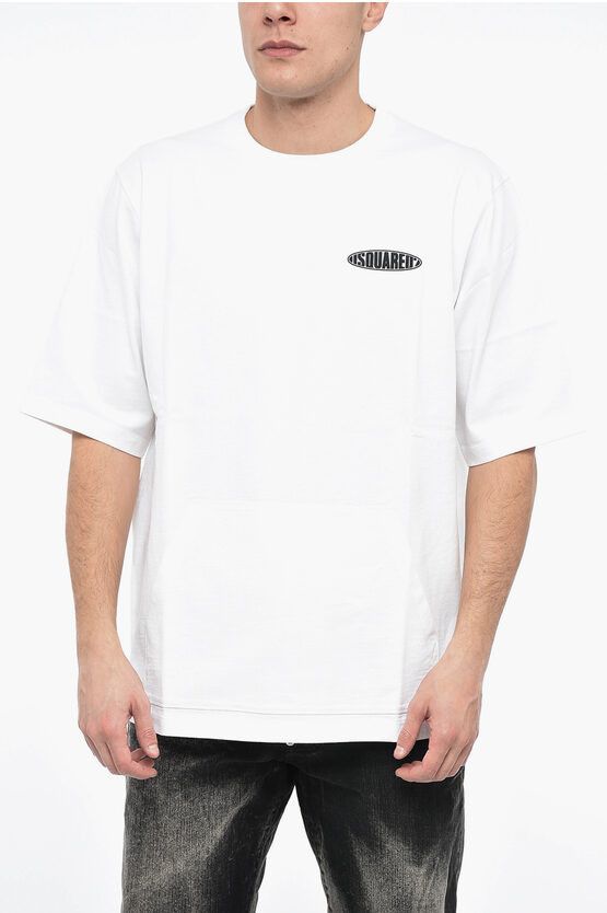 image of Dsquared2 Crew Neck Cotton T-Shirt With Rubberised Logo And Maxipocket in White, Men's (Size Large)