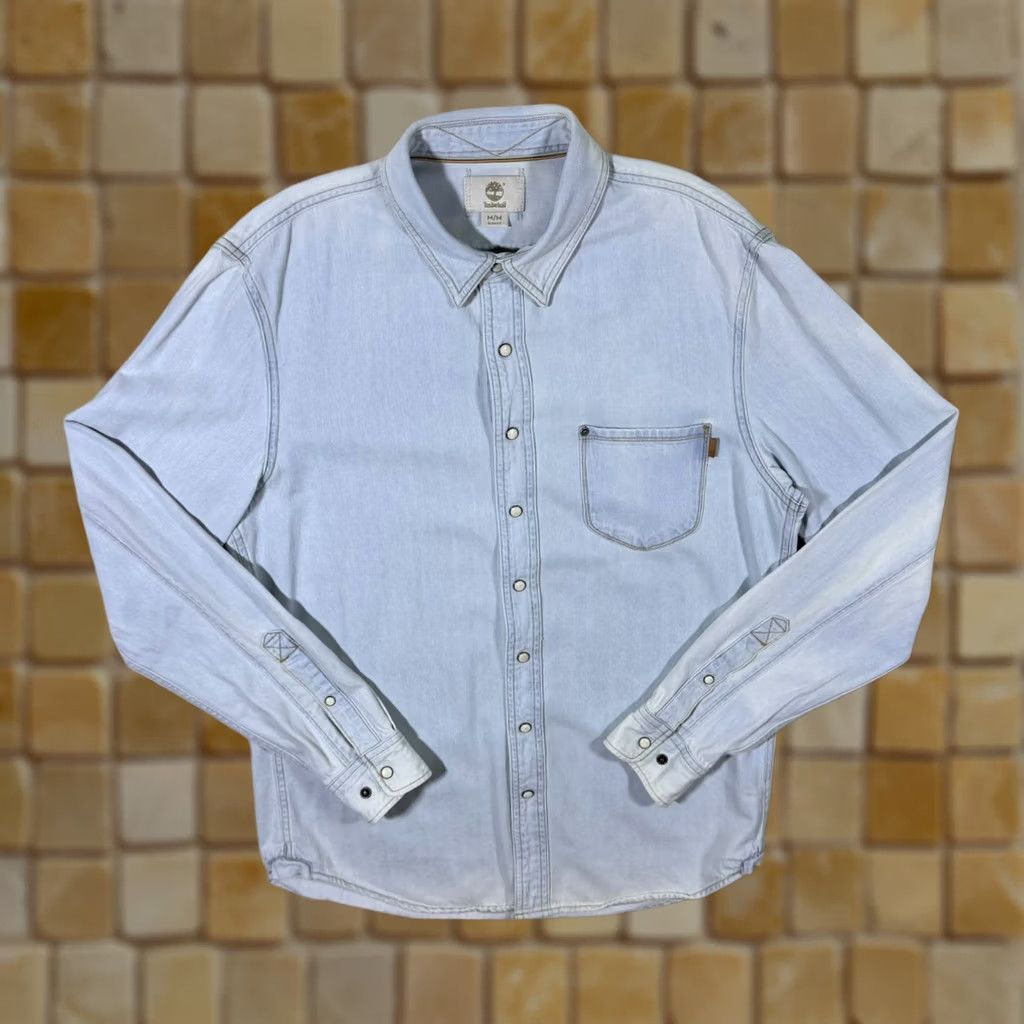 Timberland Timberland Shirt Denim Slim Fit Faded Blue Long Sleeve Button-Up Medium Mens Regular Cotton Popper Button Casual Size US M / EU 48-50 / 2 - 1 Thumbnail