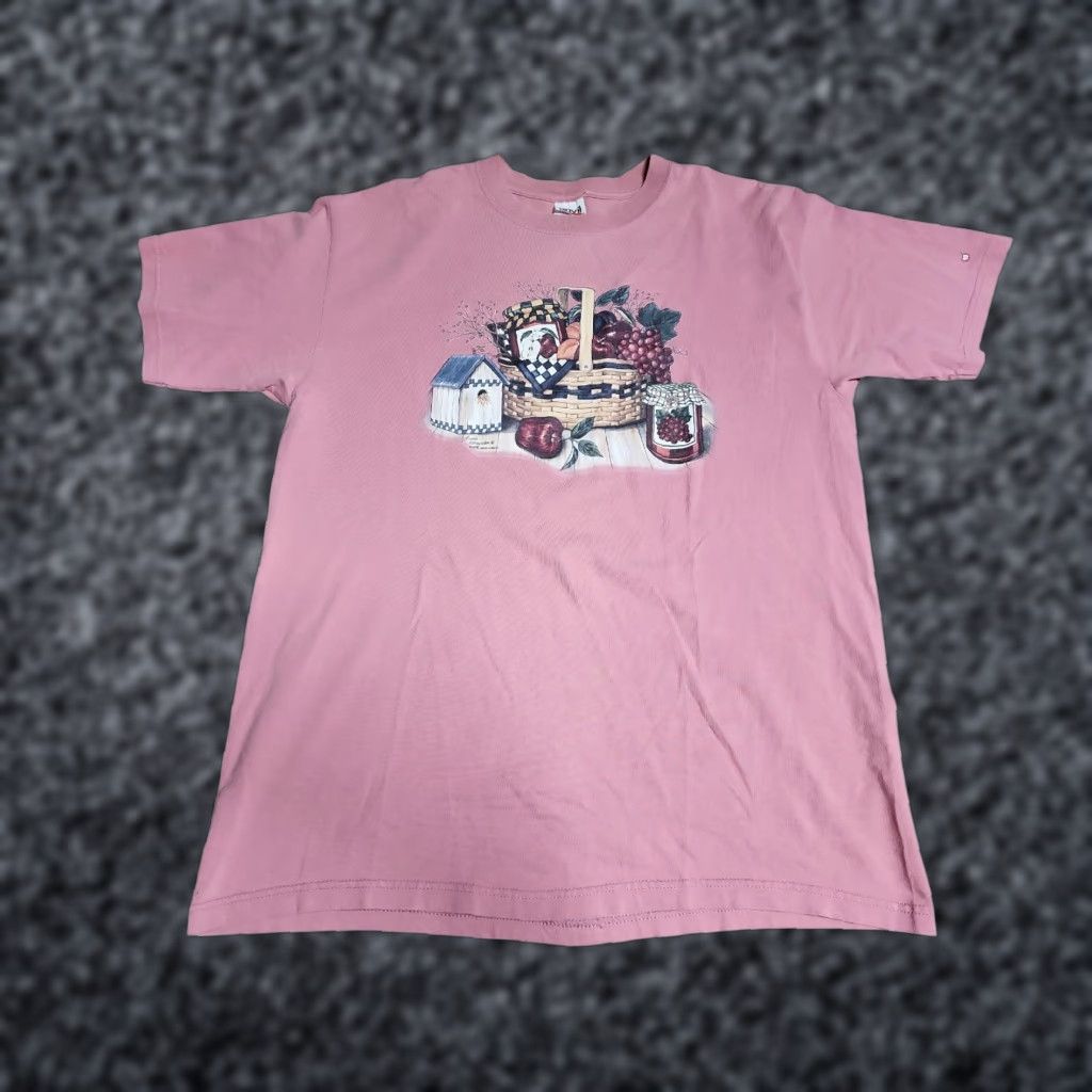 Anvil Vintage 90s Mens Large Pink Cotton T-Shirt with Apple Birdhouse Country Homestead Theme by Anvil Size US L / EU 52-54 / 3 - 1 Thumbnail