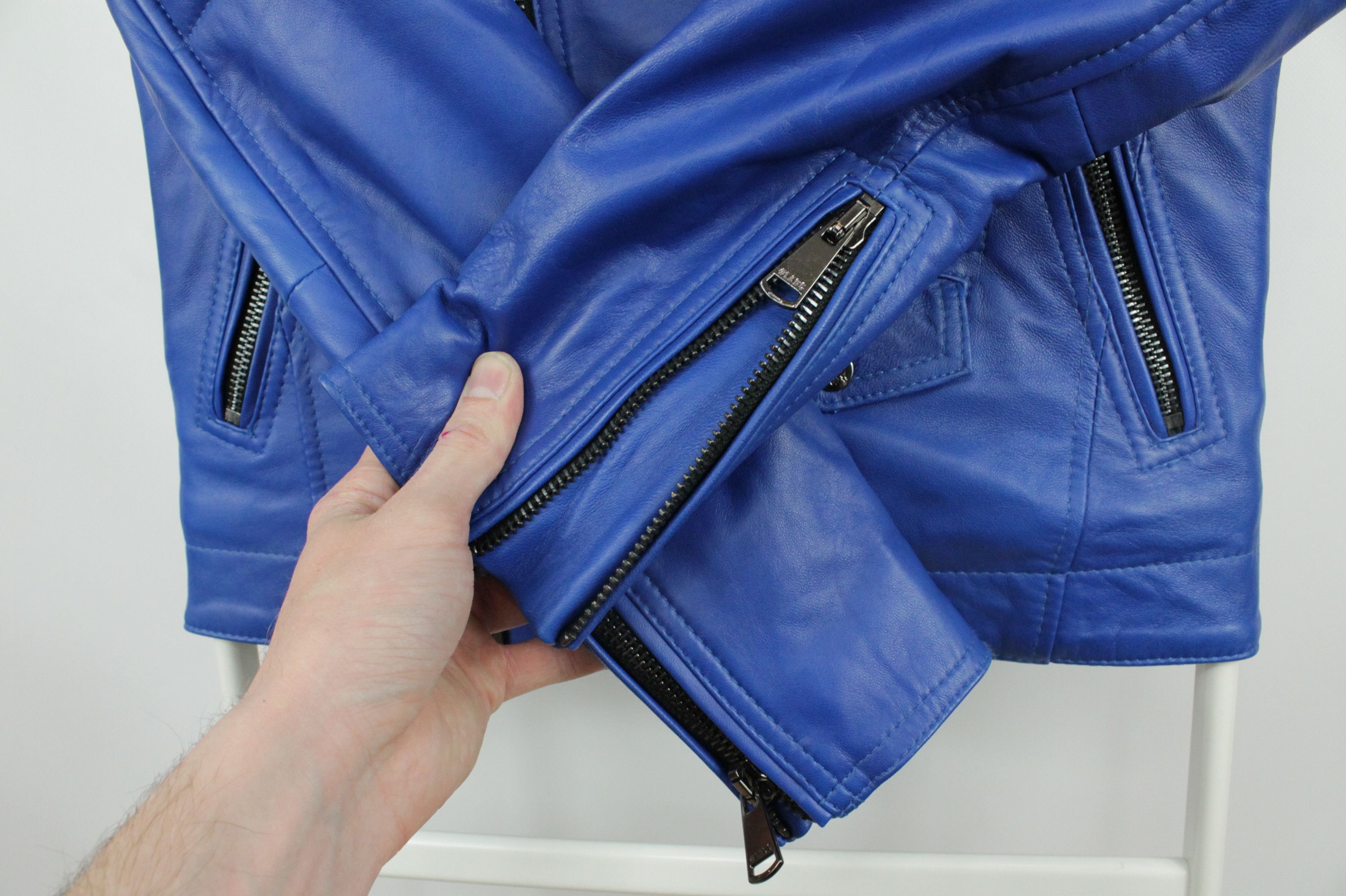 Genuine Leather LADC Paris Perfecto Blue Leather Jacket With Fur Collar Size US XS / EU 42 / 0 - 8 Thumbnail