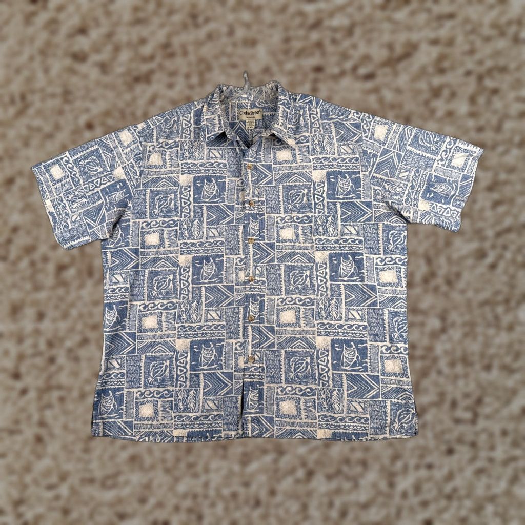 Vintage VINTAGE Cooke Street Shirt Men 2XL Blue Geometric Tile Floral 100% Cotton casual Wearable Button-Up Hawaiian Aloha resort Summer Winter Everyday Mens Size US XXL / EU 58 / 5 - 1 Thumbnail